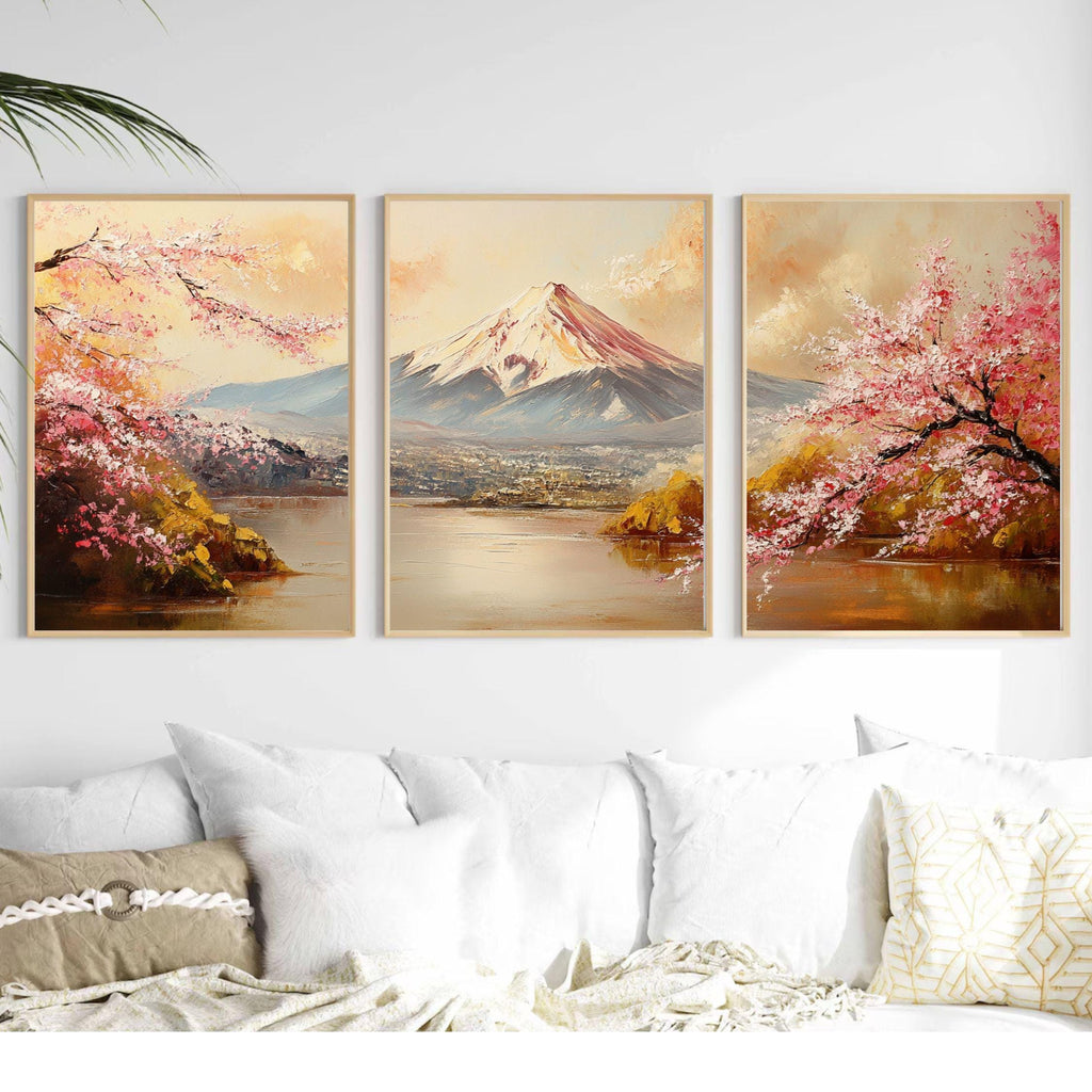 Mount Fuji & Cherry Blossoms 3-Panel Wall Art – Japanese Landscape Painting, Sakura Spring Triptych