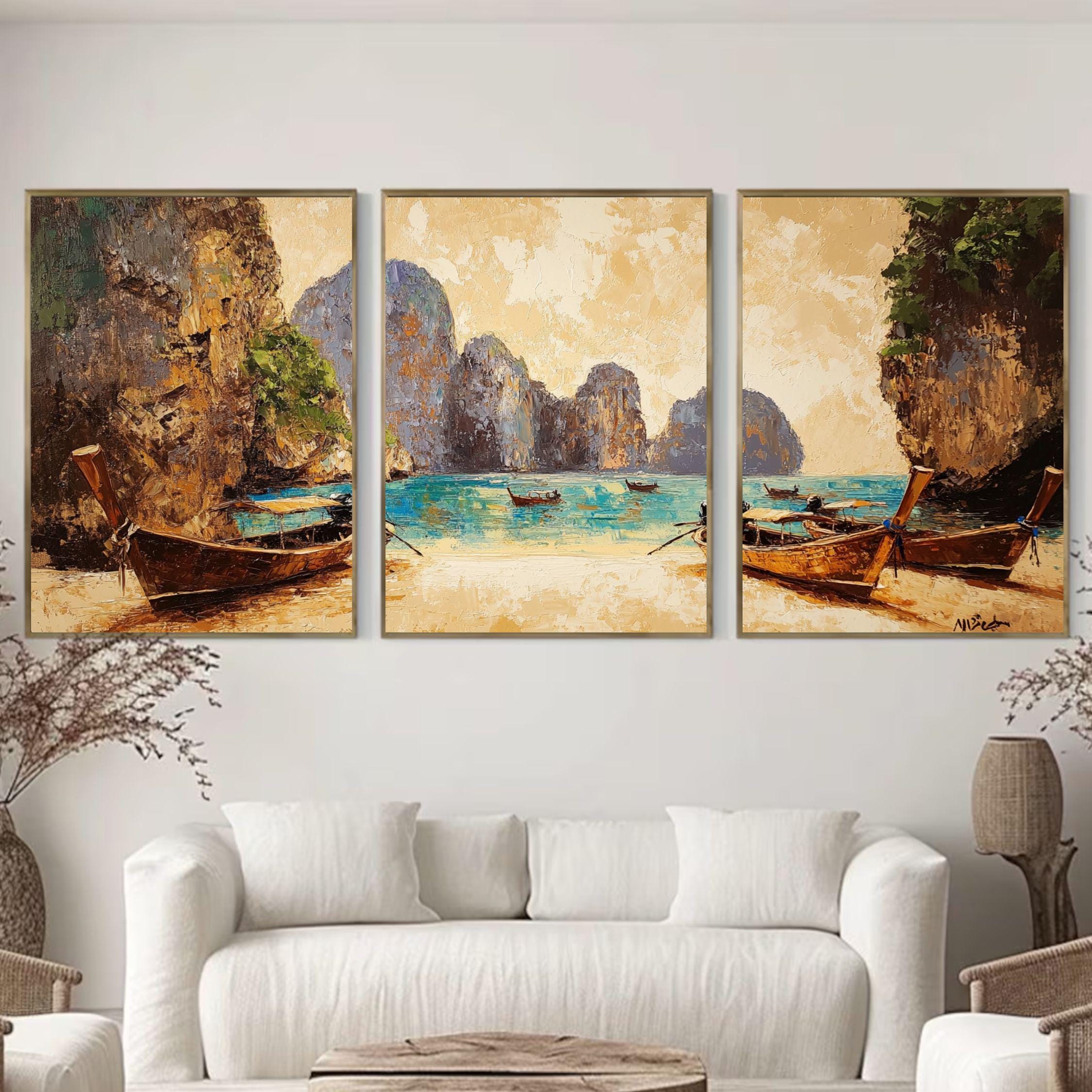 Maya Bay Thailand 3-Panel Wall Art – Tropical Beach Painting, Longtail Boats & Limestone Cliffs Triptych