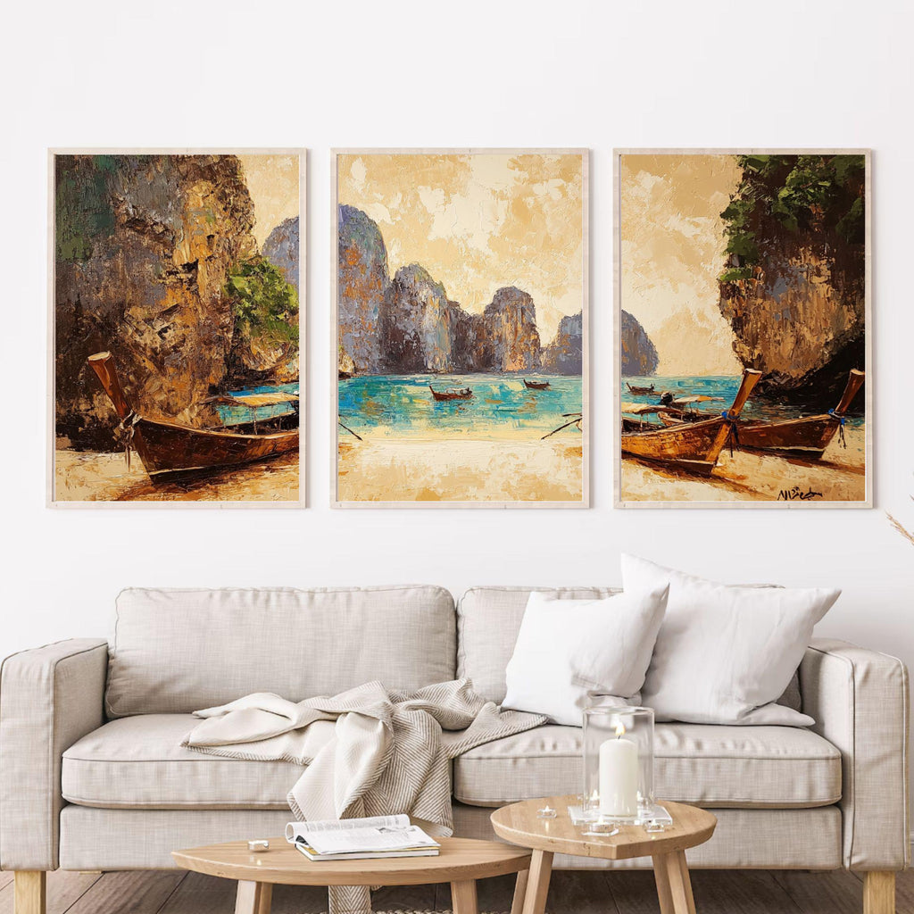 Maya Bay Thailand 3-Panel Wall Art – Tropical Beach Painting, Longtail Boats & Limestone Cliffs Triptych