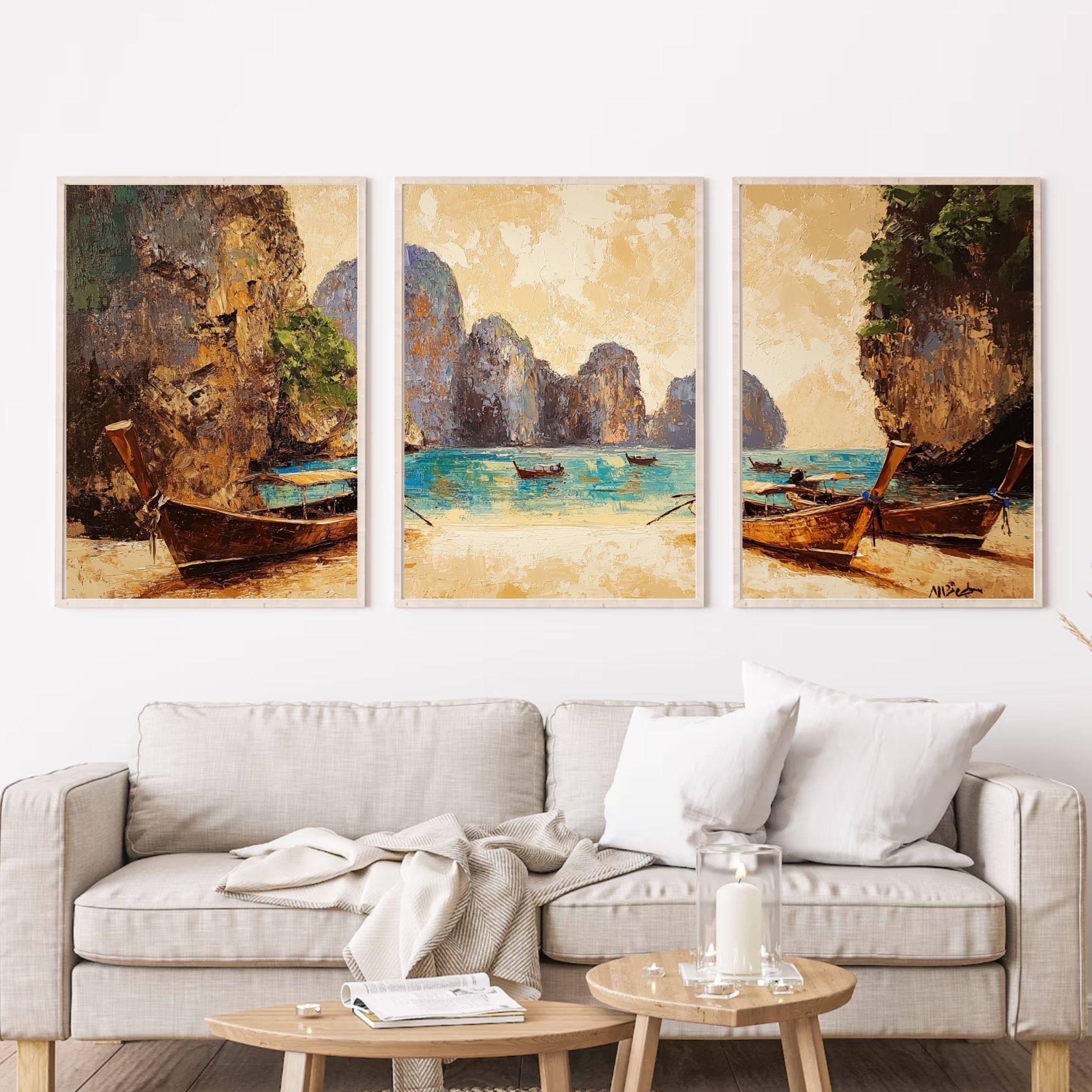 Maya Bay Thailand 3-Panel Wall Art – Tropical Beach Painting, Longtail Boats & Limestone Cliffs Triptych
