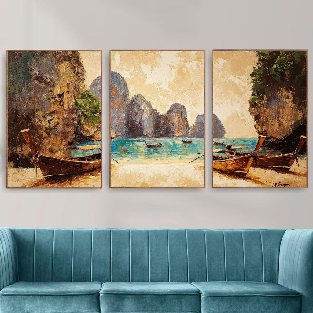 Maya Bay Thailand 3-Panel Wall Art – Tropical Beach Painting, Longtail Boats & Limestone Cliffs Triptych