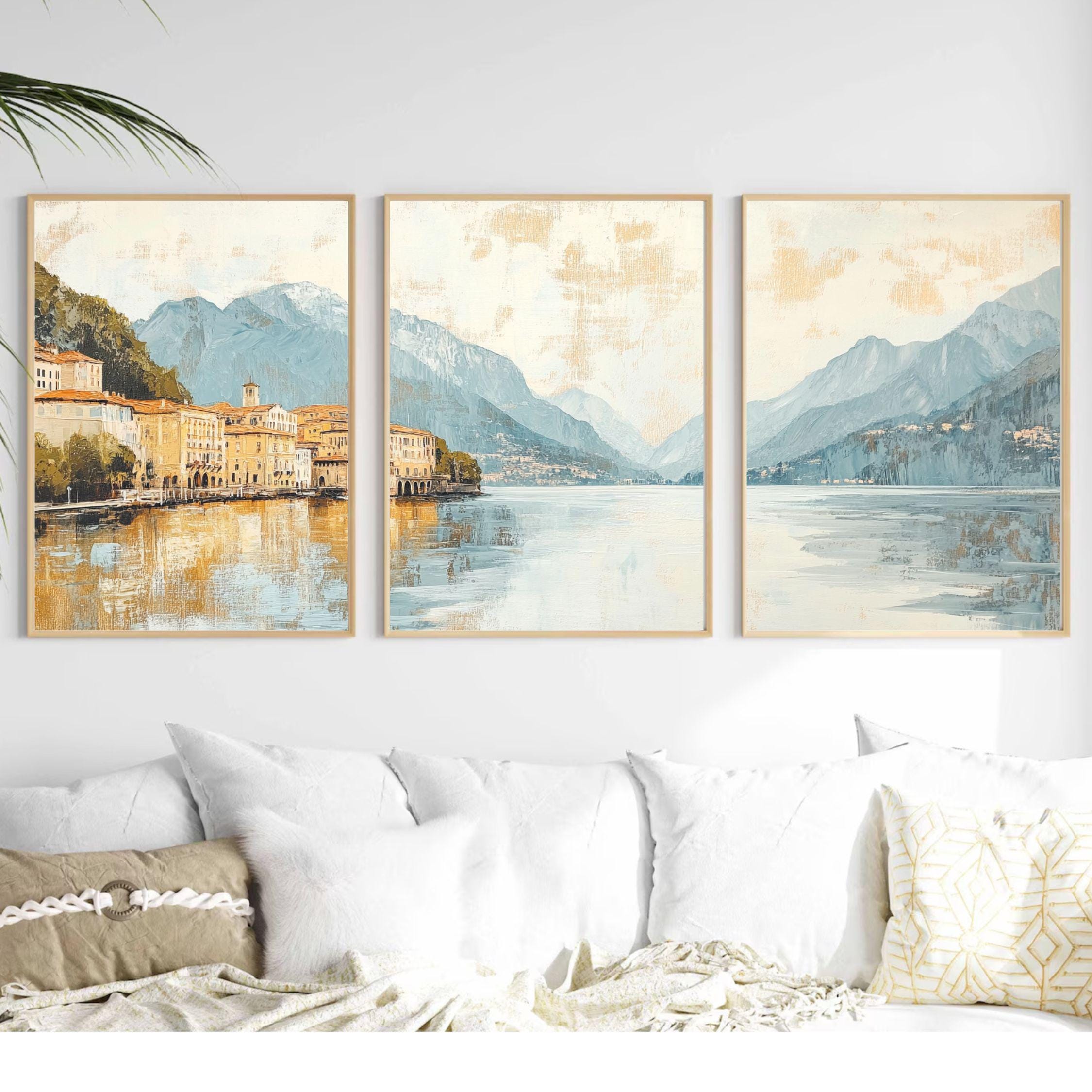Lake Como Italy 3-Panel Wall Art – Elegant European Landscape Painting, Italian Villa & Mountain Triptych