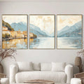 Lake Como Italy 3-Panel Wall Art – Elegant European Landscape Painting, Italian Villa & Mountain Triptych