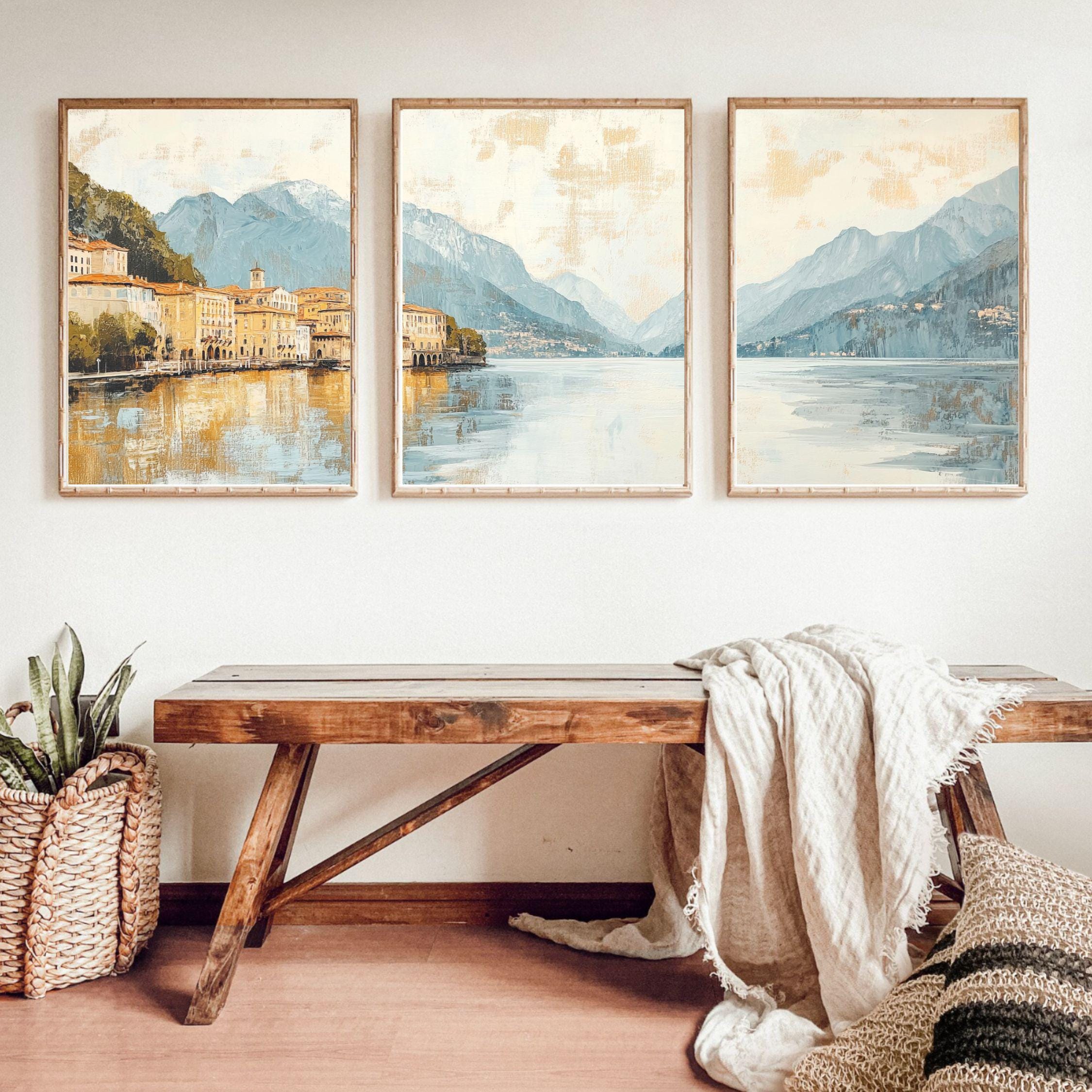 Lake Como Italy 3-Panel Wall Art – Elegant European Landscape Painting, Italian Villa & Mountain Triptych