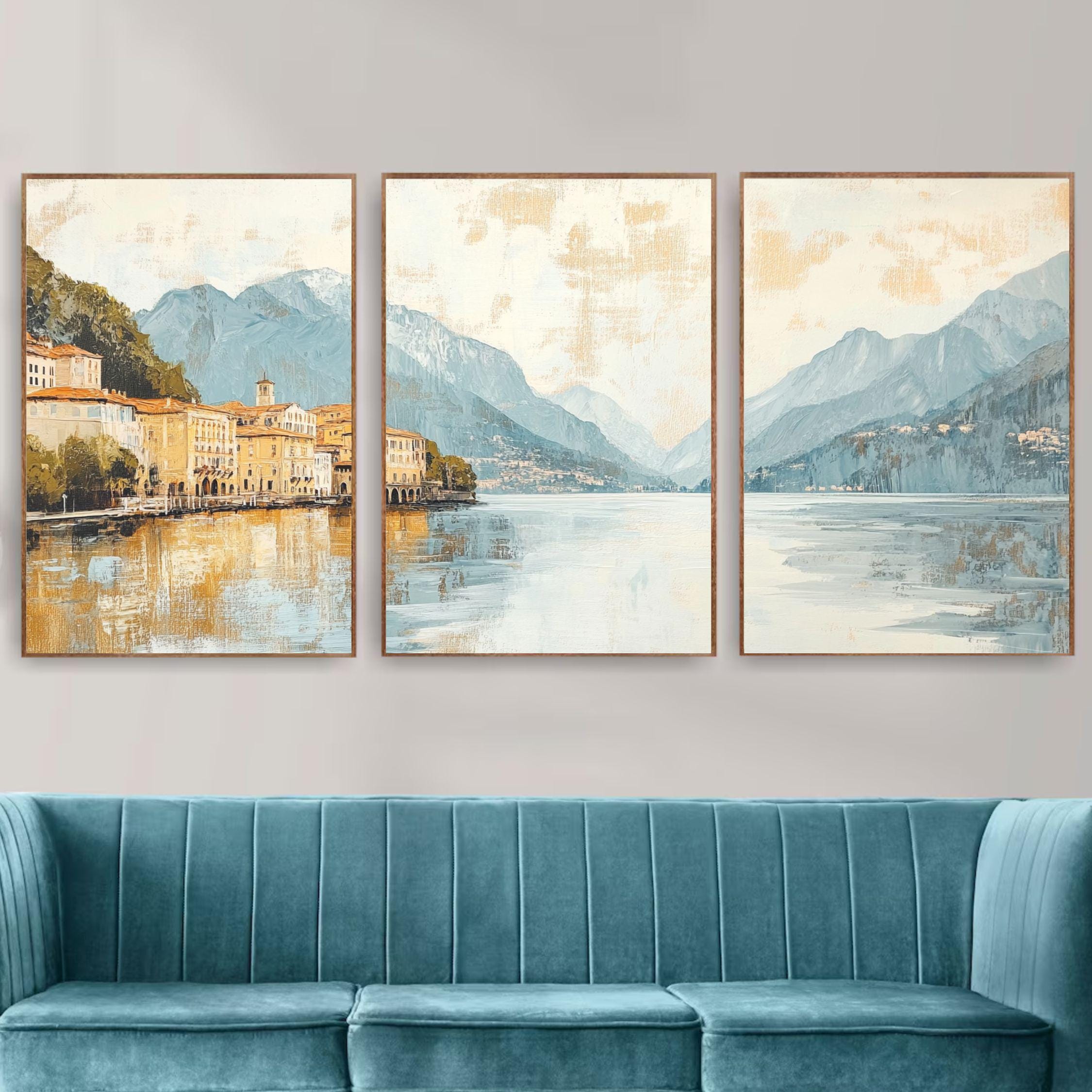 Lake Como Italy 3-Panel Wall Art – Elegant European Landscape Painting, Italian Villa & Mountain Triptych