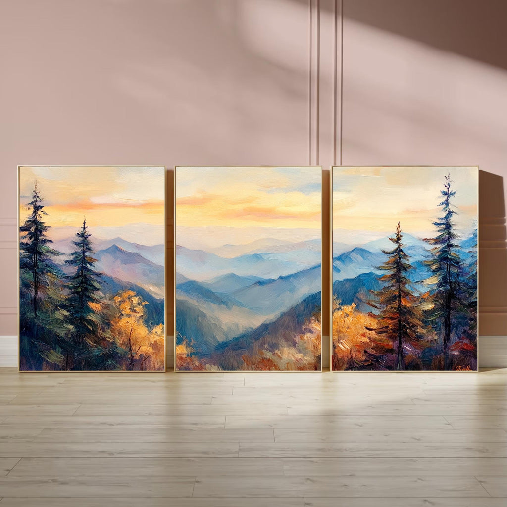 Great Smoky Mountains 3-Panel Wall Art – Misty Mountain Sunrise Painting, Scenic Nature Triptych