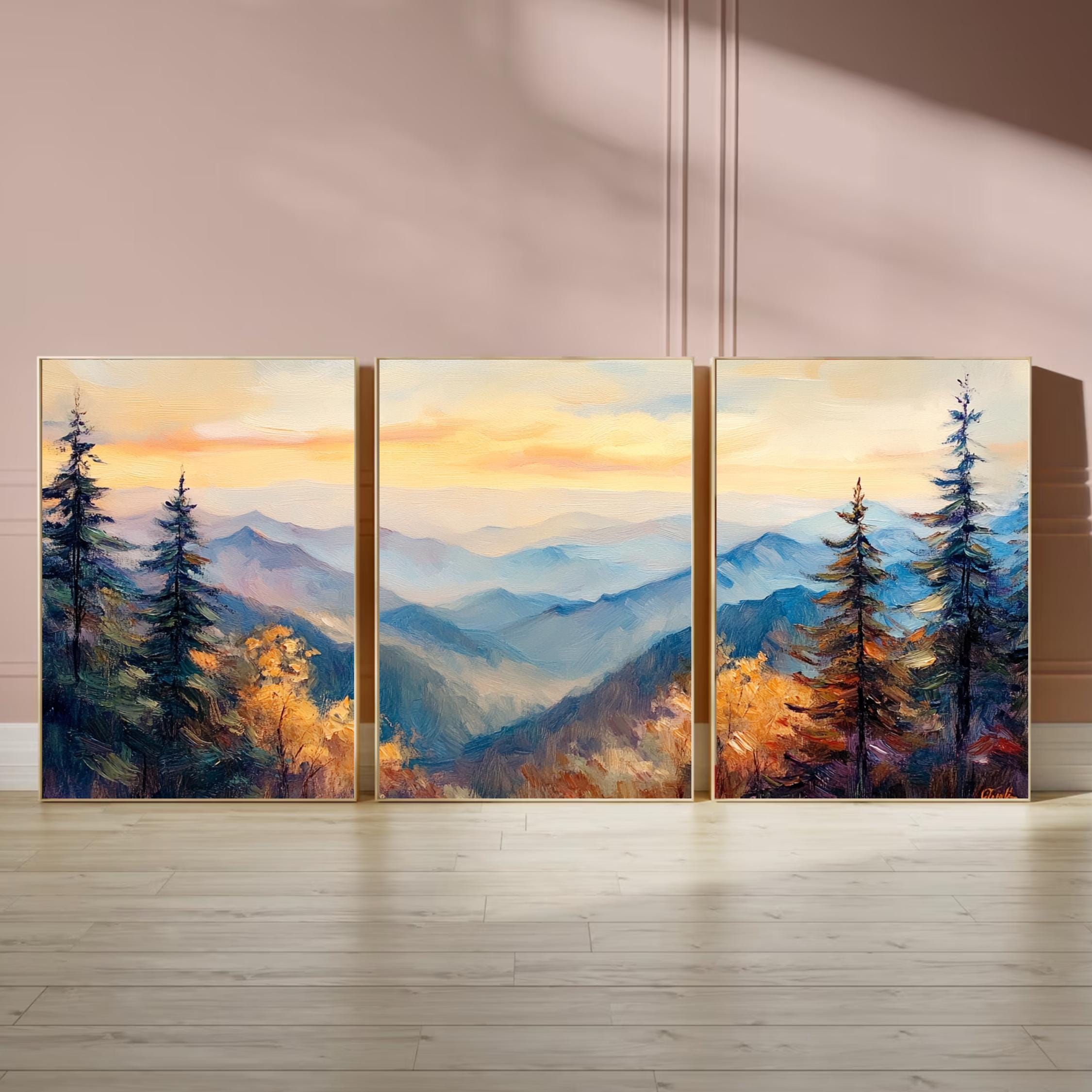 Great Smoky Mountains 3-Panel Wall Art – Misty Mountain Sunrise Painting, Scenic Nature Triptych