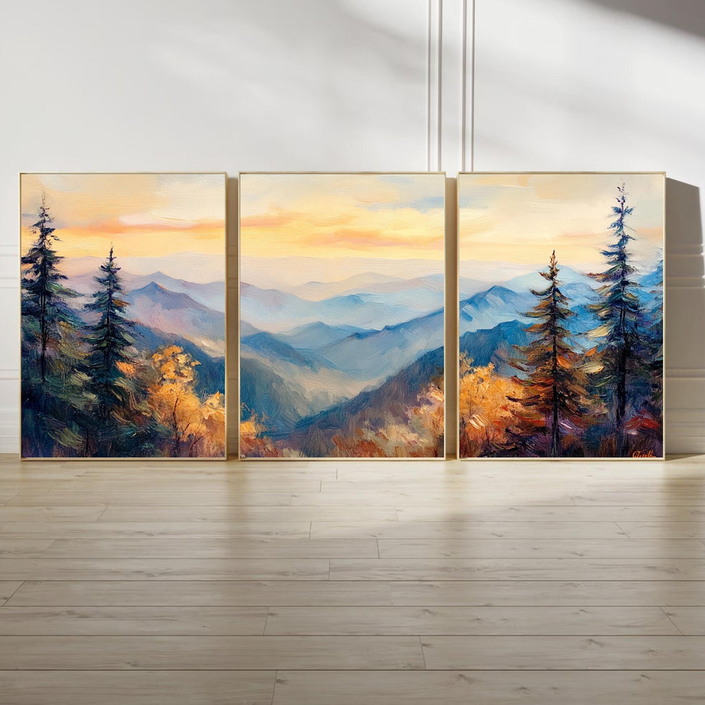 Great Smoky Mountains 3-Panel Wall Art – Misty Mountain Sunrise Painting, Scenic Nature Triptych