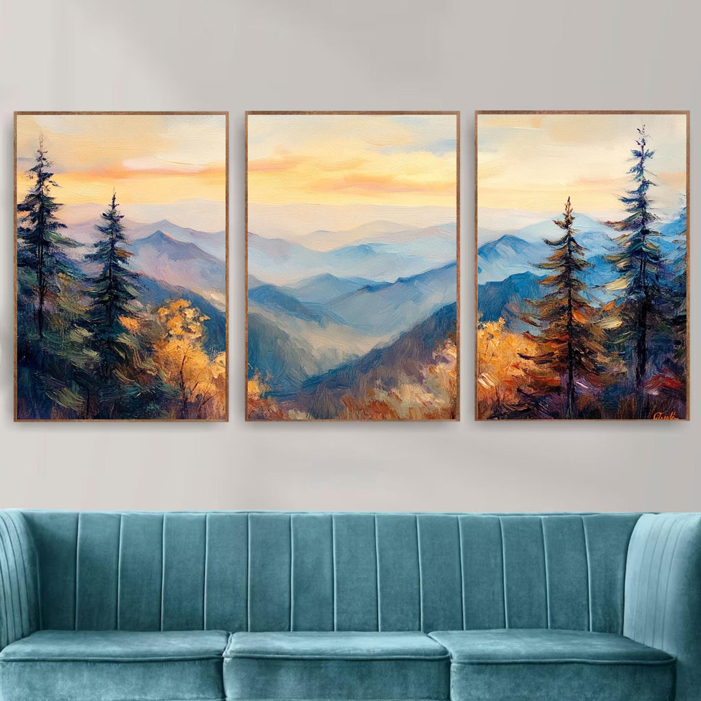 Great Smoky Mountains 3-Panel Wall Art – Misty Mountain Sunrise Painting, Scenic Nature Triptych
