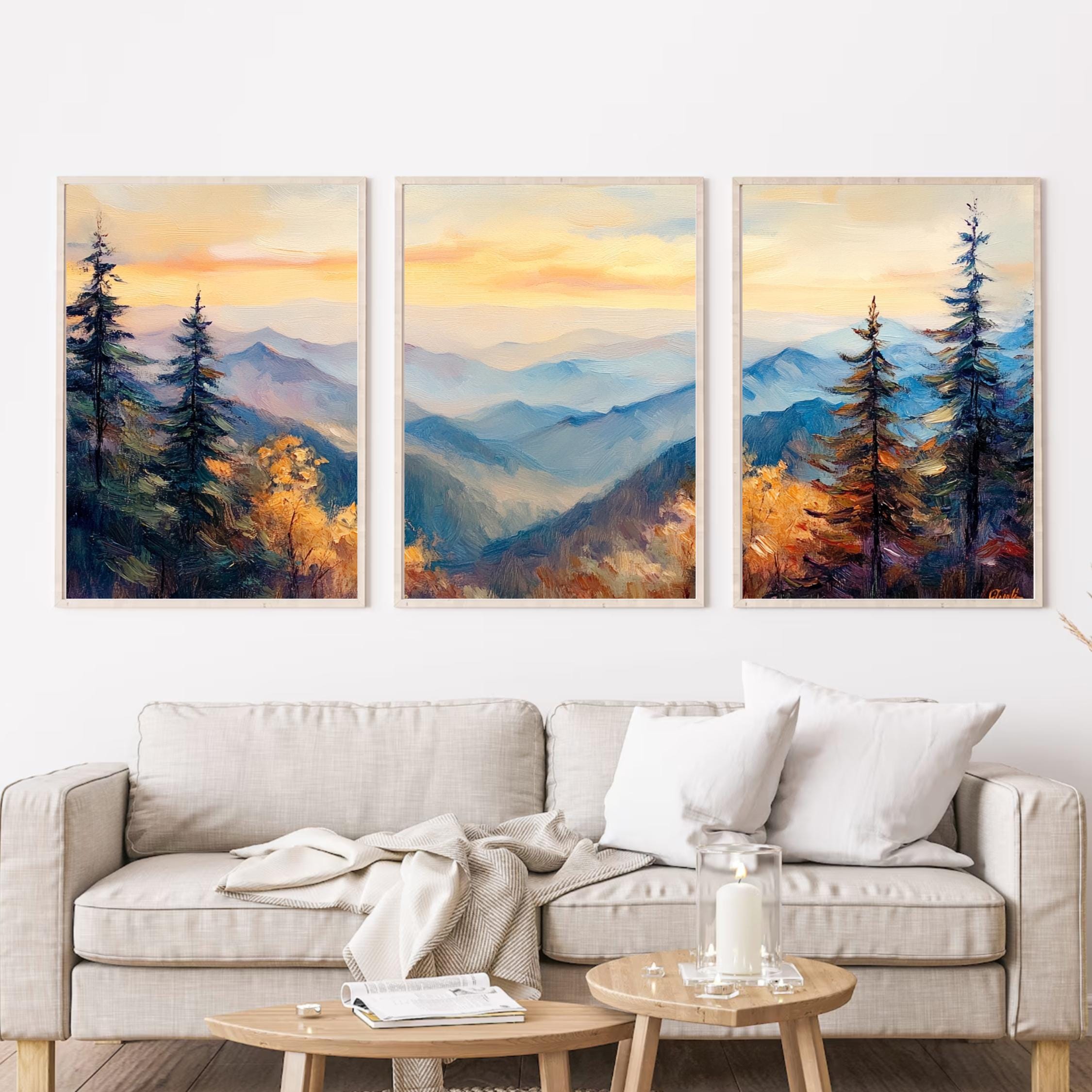 Great Smoky Mountains 3-Panel Wall Art – Misty Mountain Sunrise Painting, Scenic Nature Triptych