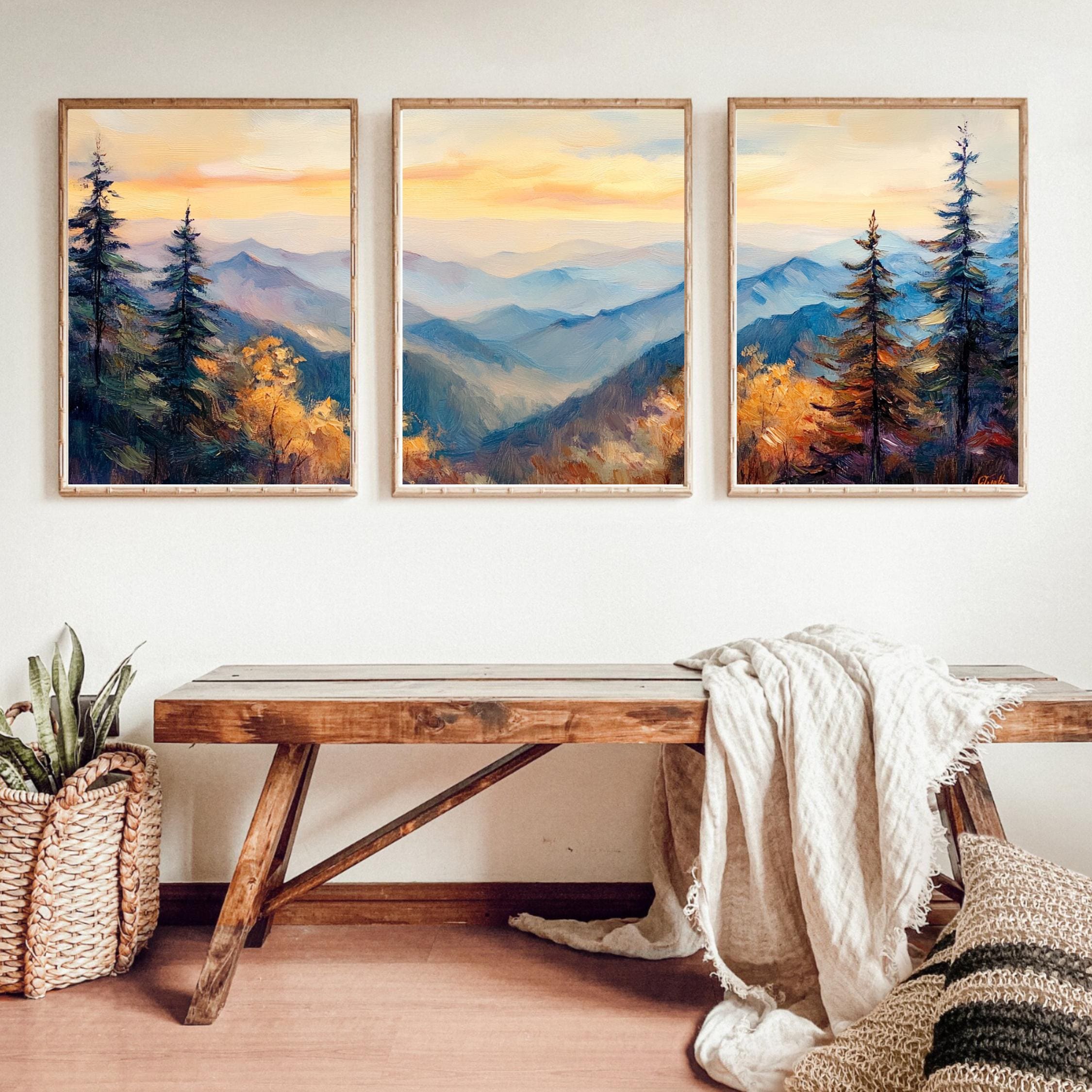 Great Smoky Mountains 3-Panel Wall Art – Misty Mountain Sunrise Painting, Scenic Nature Triptych