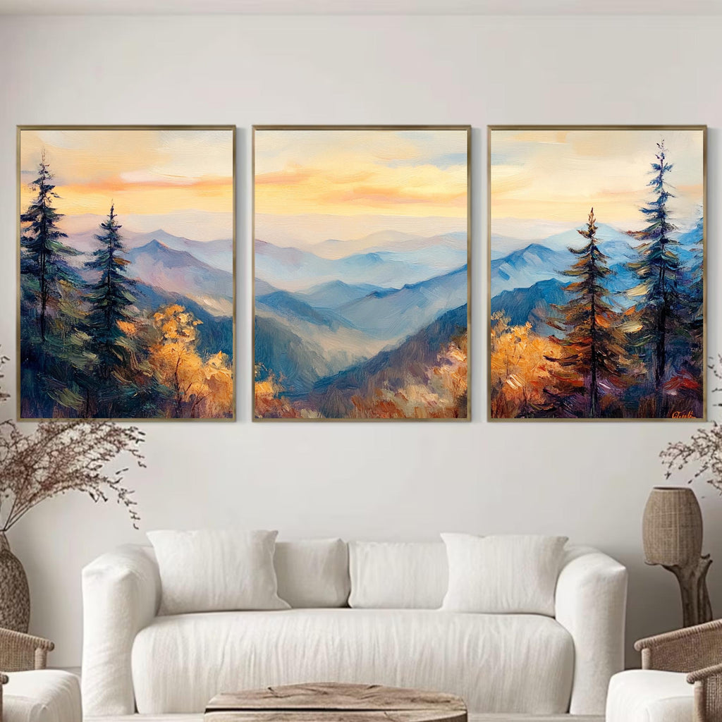 Great Smoky Mountains 3-Panel Wall Art – Misty Mountain Sunrise Painting, Scenic Nature Triptych
