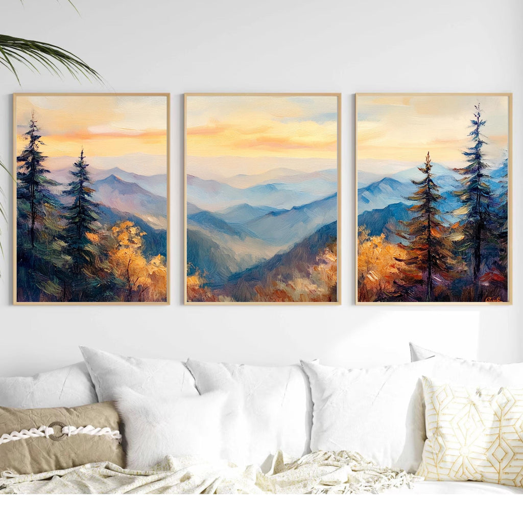 Great Smoky Mountains 3-Panel Wall Art – Misty Mountain Sunrise Painting, Scenic Nature Triptych