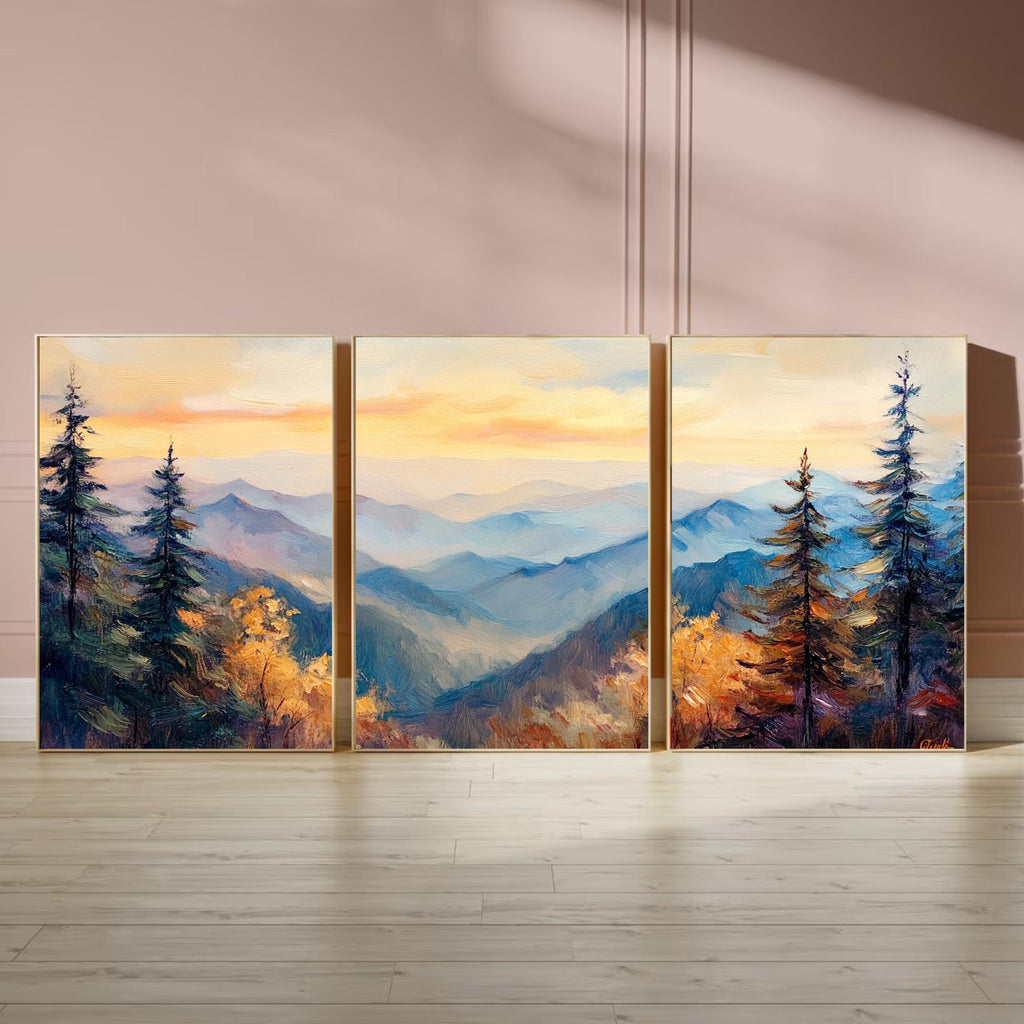 Great Smoky Mountains 3-Panel Wall Art – Misty Mountain Sunrise Painting, Scenic Nature Triptych
