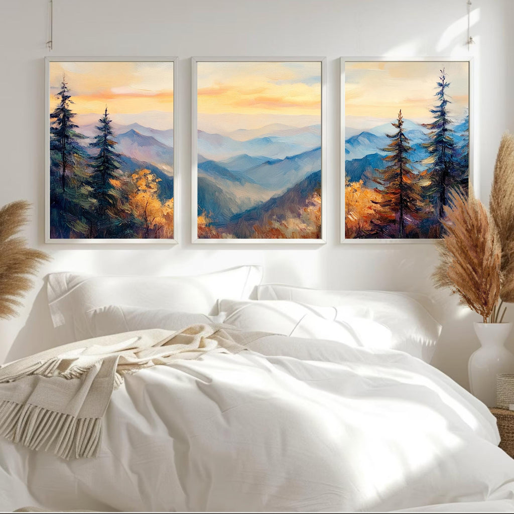 Great Smoky Mountains 3-Panel Wall Art – Misty Mountain Sunrise Painting, Scenic Nature Triptych