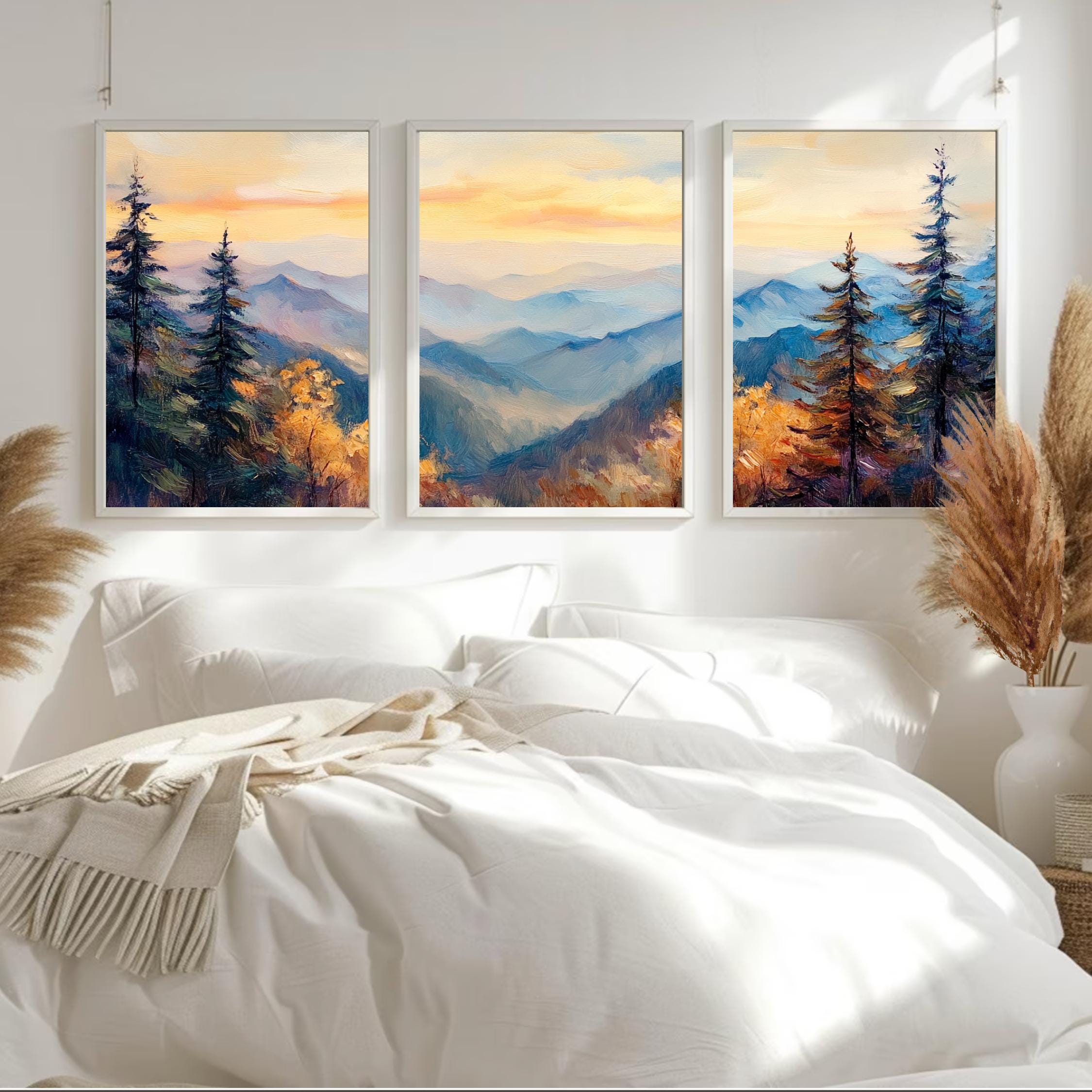 Great Smoky Mountains 3-Panel Wall Art – Misty Mountain Sunrise Painting, Scenic Nature Triptych