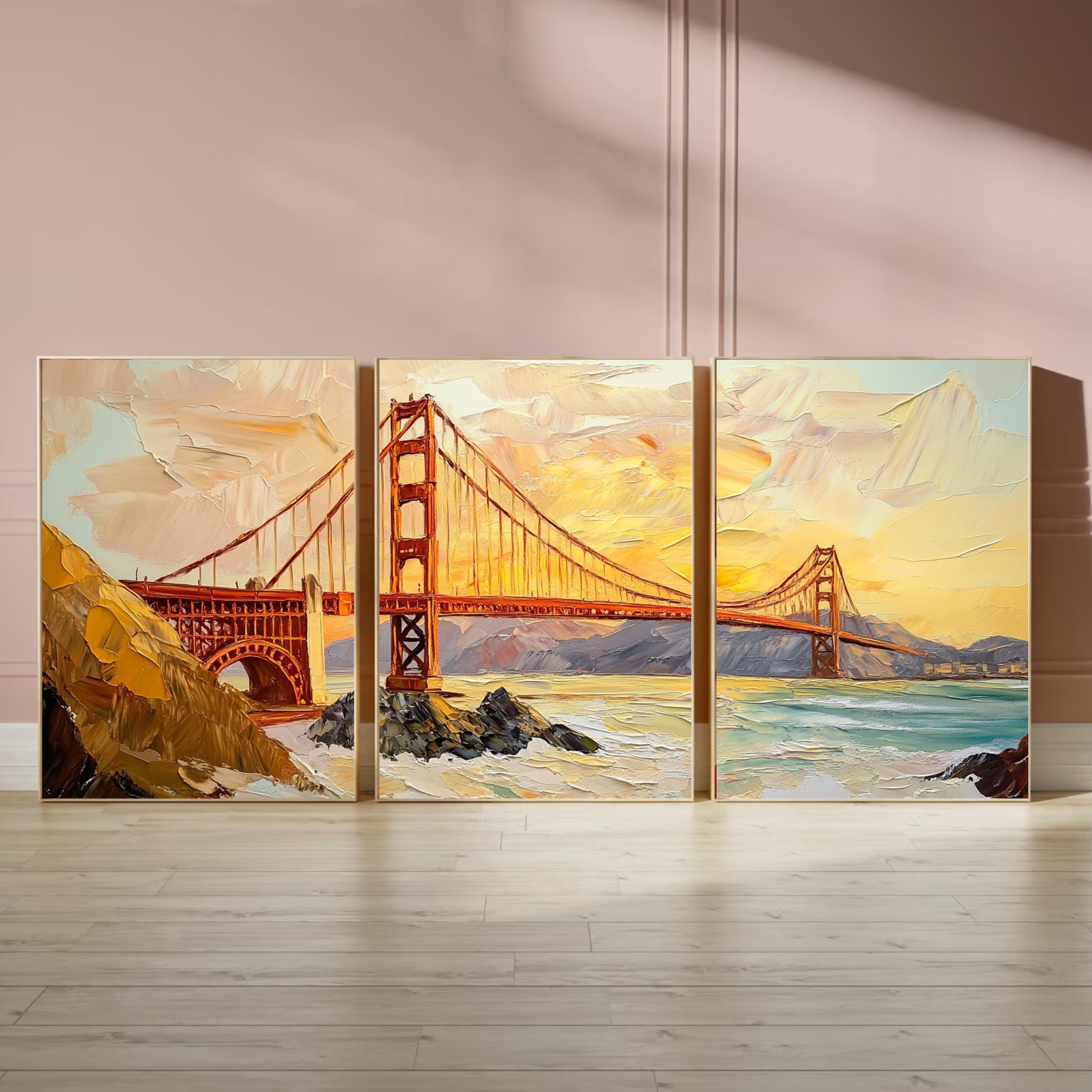 Golden Gate Bridge 3-Panel Wall Art – San Francisco Landmark Painting, Sunset Cityscape Triptych