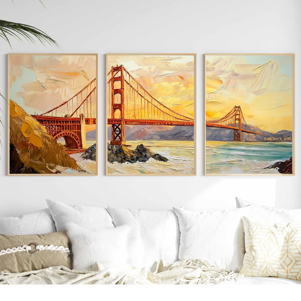 Golden Gate Bridge 3-Panel Wall Art – San Francisco Landmark Painting, Sunset Cityscape Triptych