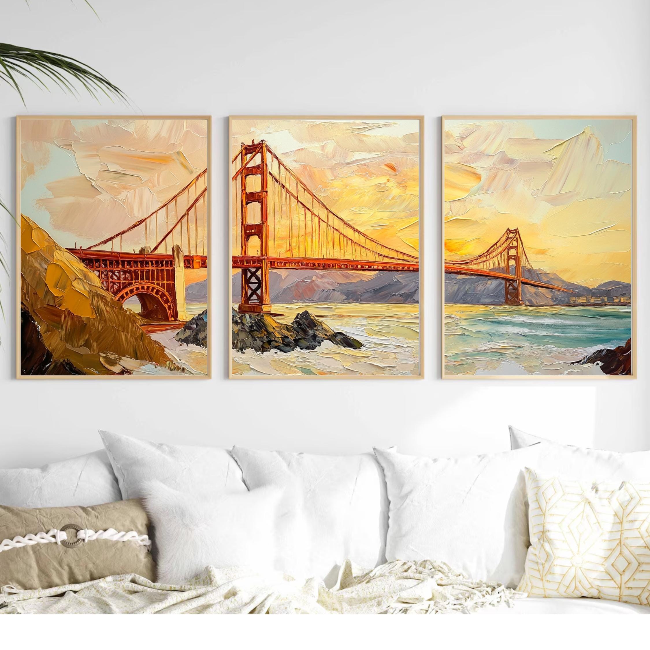 Golden Gate Bridge 3-Panel Wall Art – San Francisco Landmark Painting, Sunset Cityscape Triptych