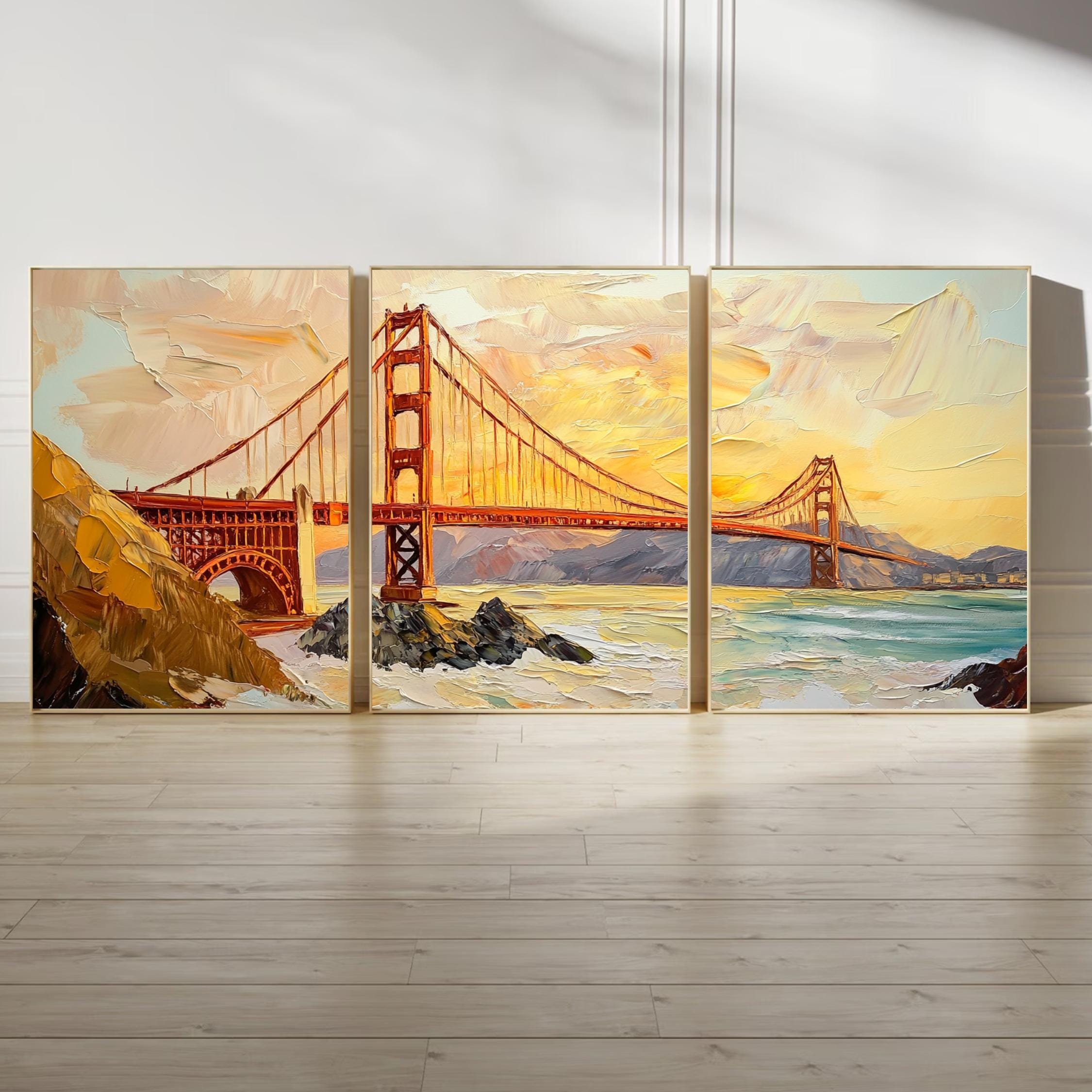 Golden Gate Bridge 3-Panel Wall Art – San Francisco Landmark Painting, Sunset Cityscape Triptych