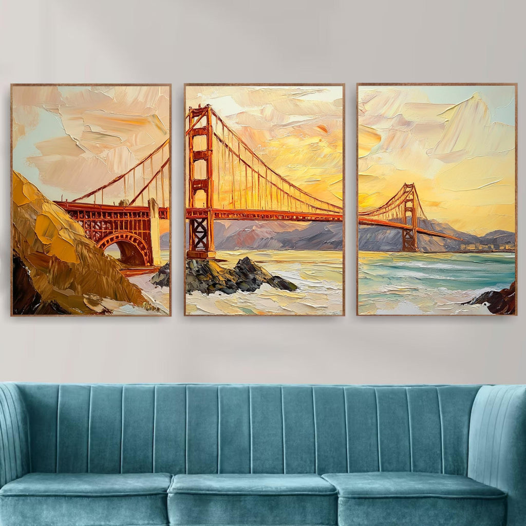 Golden Gate Bridge 3-Panel Wall Art – San Francisco Landmark Painting, Sunset Cityscape Triptych
