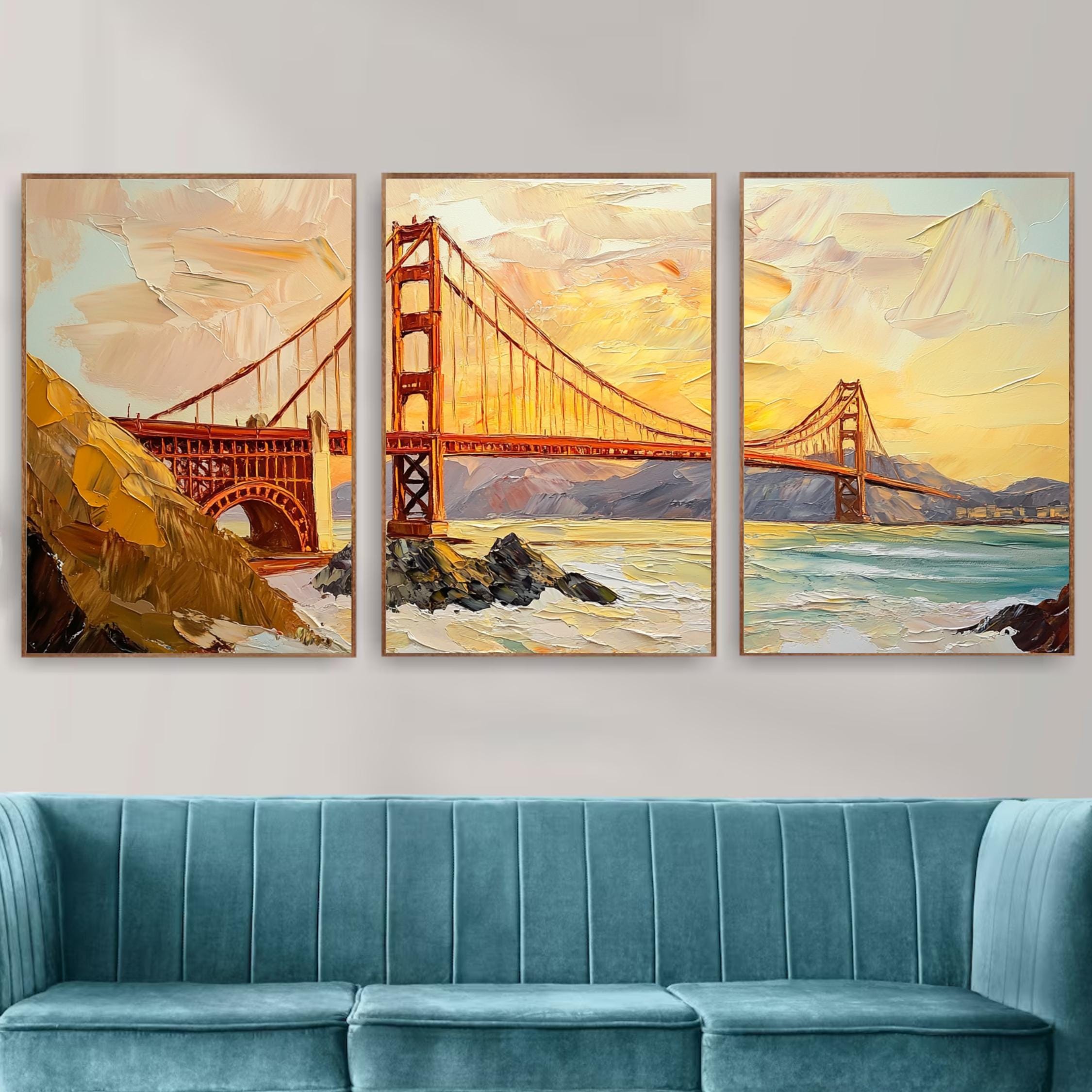 Golden Gate Bridge 3-Panel Wall Art – San Francisco Landmark Painting, Sunset Cityscape Triptych