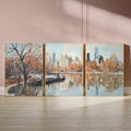 Central Park New York 3-Panel Wall Art – Autumn Cityscape Painting, NYC Skyline & Park Trio