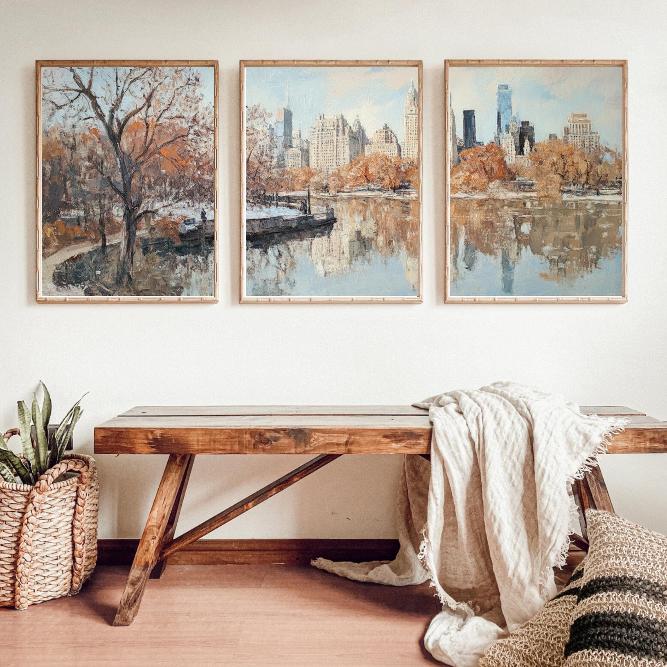 Central Park New York 3-Panel Wall Art – Autumn Cityscape Painting, NYC Skyline & Park Trio