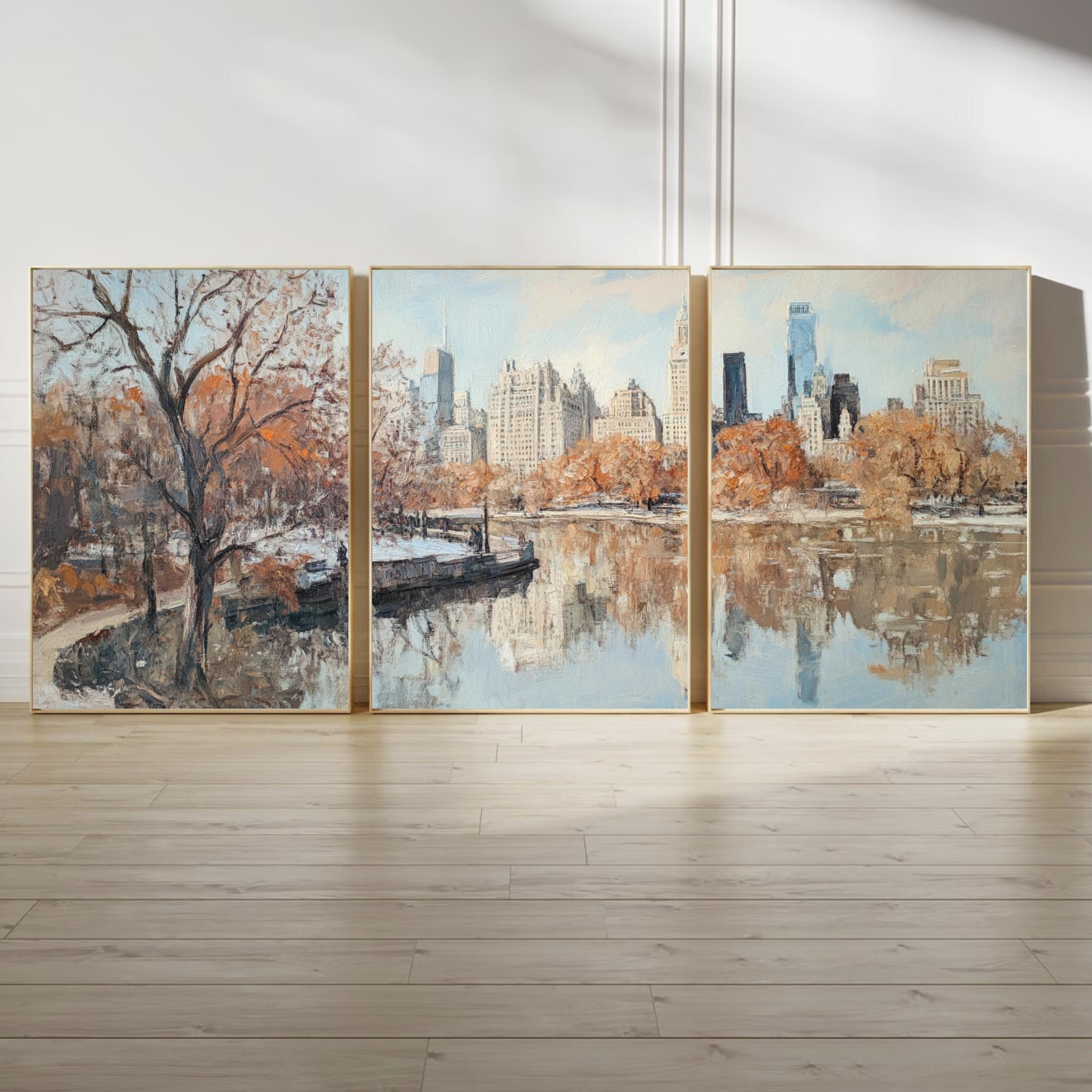 Central Park New York 3-Panel Wall Art – Autumn Cityscape Painting, NYC Skyline & Park Trio