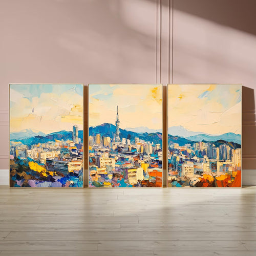 Bukhansan Seoul 3-Panel Wall Art – Vibrant Cityscape Painting, South Korea Skyline & Mountain Triptych