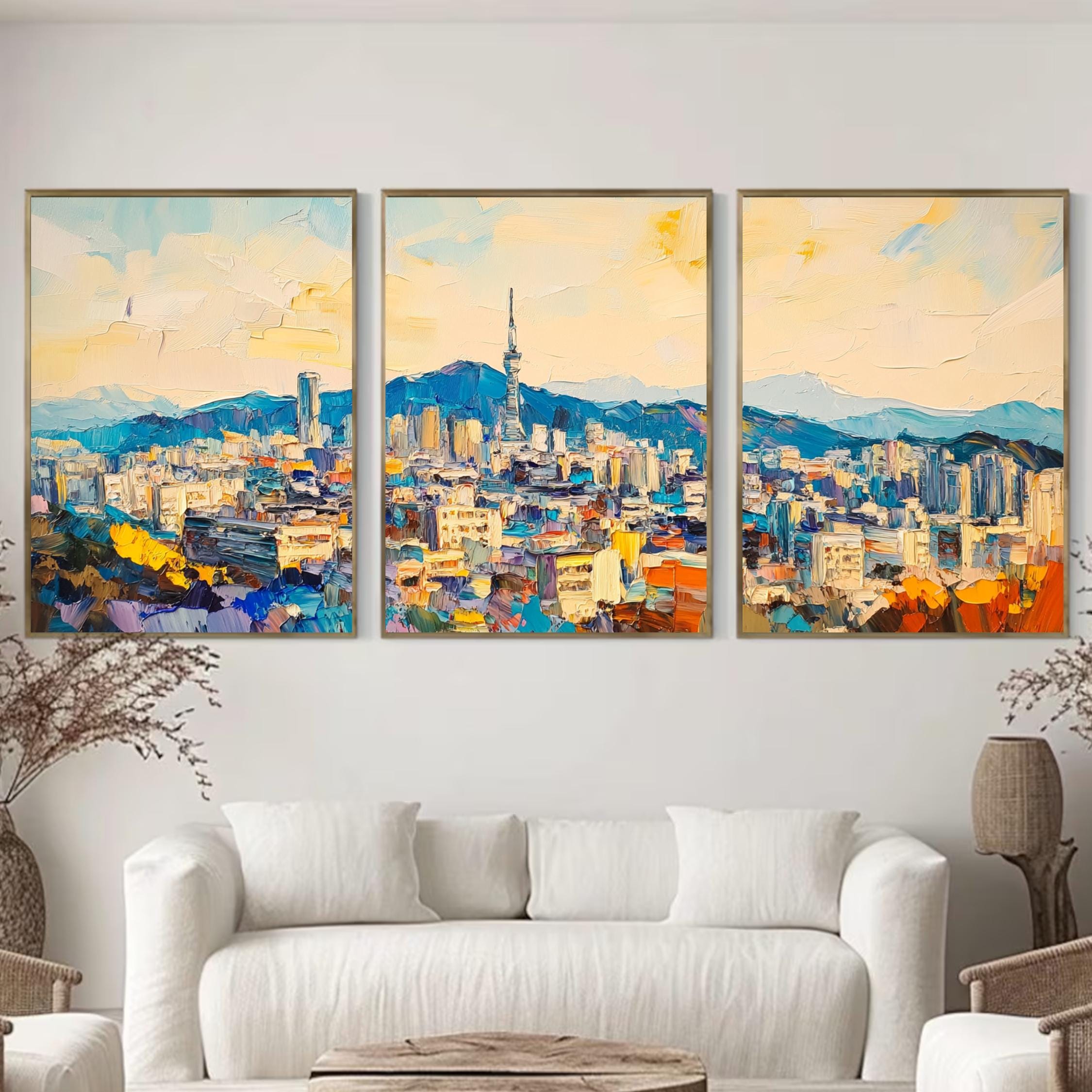Bukhansan Seoul 3-Panel Wall Art – Vibrant Cityscape Painting, South Korea Skyline & Mountain Triptych