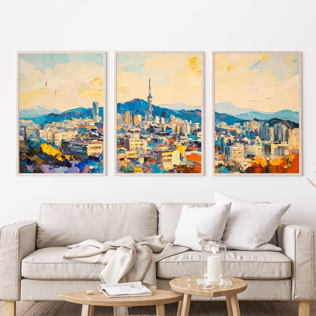 Bukhansan Seoul 3-Panel Wall Art – Vibrant Cityscape Painting, South Korea Skyline & Mountain Triptych