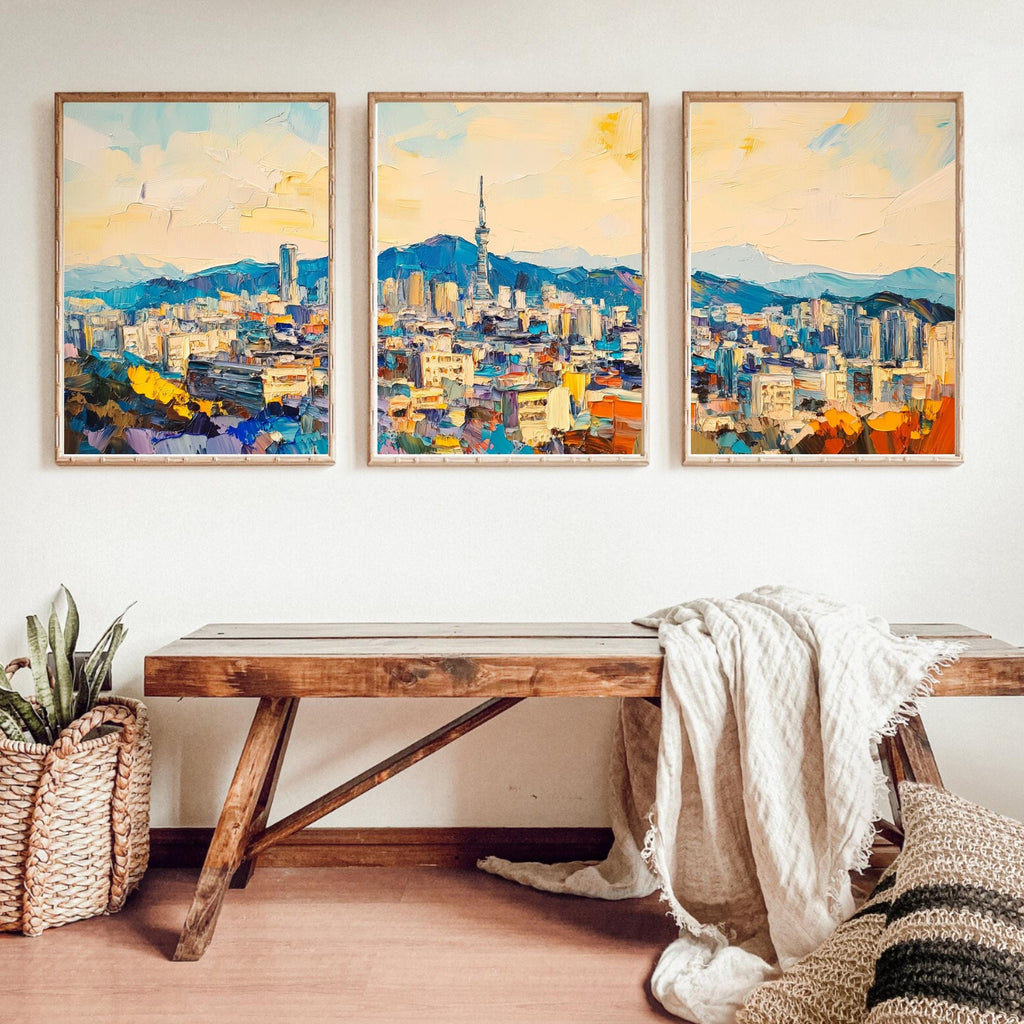 Bukhansan Seoul 3-Panel Wall Art – Vibrant Cityscape Painting, South Korea Skyline & Mountain Triptych