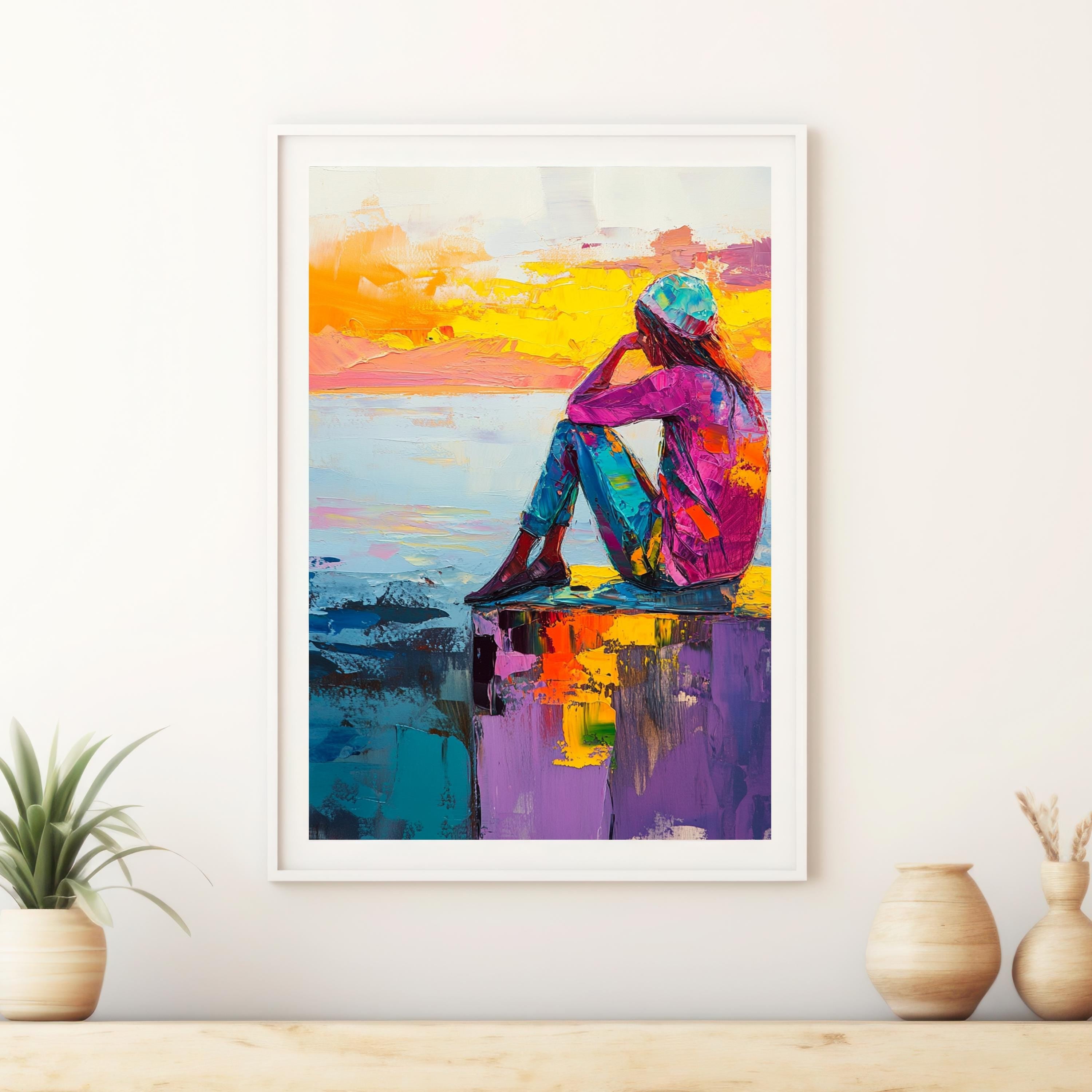 Contemplation at Sunset" – Vibrant Abstract Portrait with Bold Colors