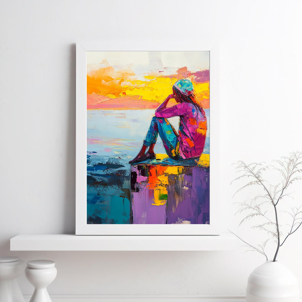 Contemplation at Sunset" – Vibrant Abstract Portrait with Bold Colors