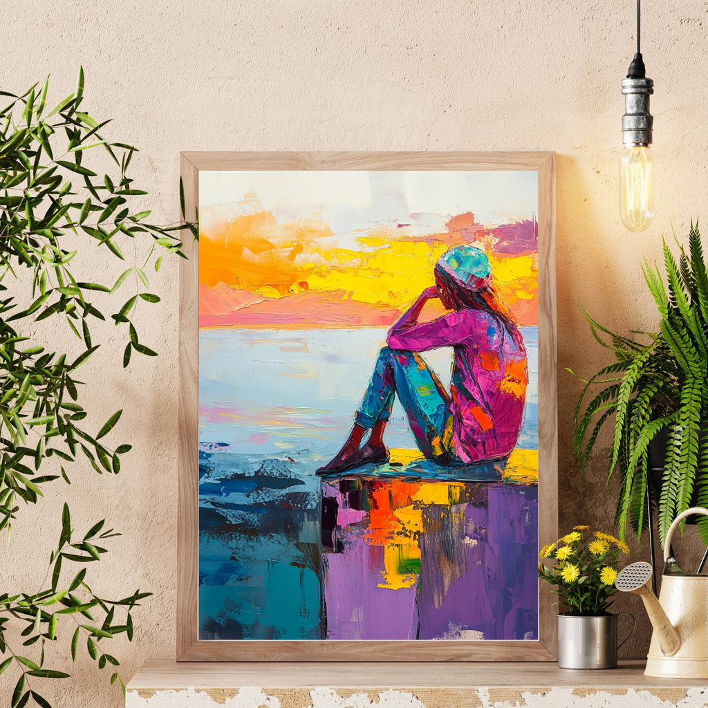 Contemplation at Sunset" – Vibrant Abstract Portrait with Bold Colors