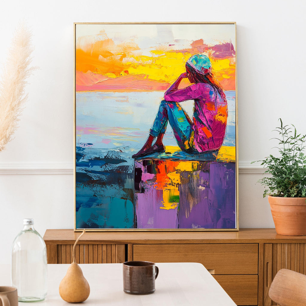 Contemplation at Sunset" – Vibrant Abstract Portrait with Bold Colors