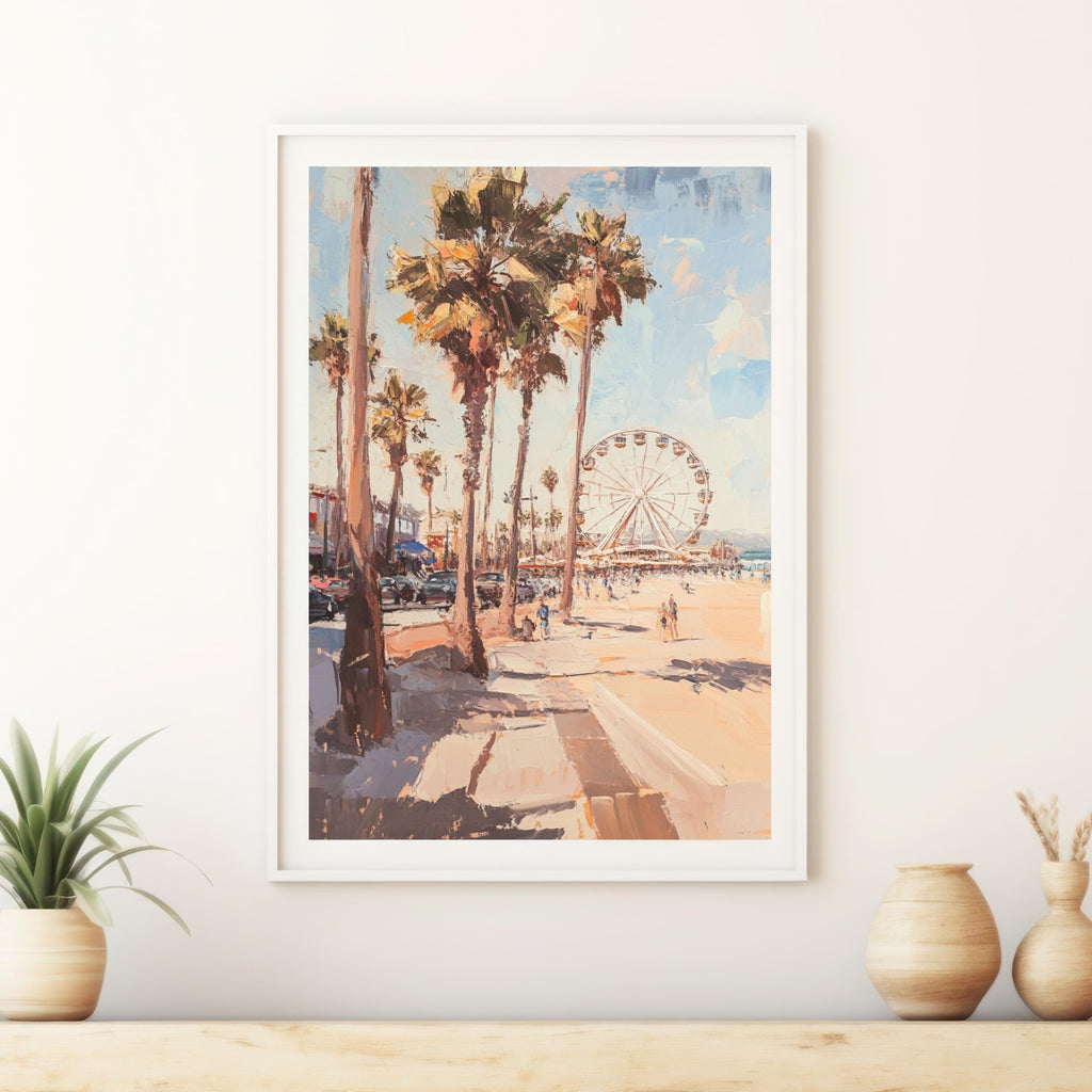 Santa Monica Stroll" – Vibrant Beach Scene with Ferris Wheel and Palm Trees