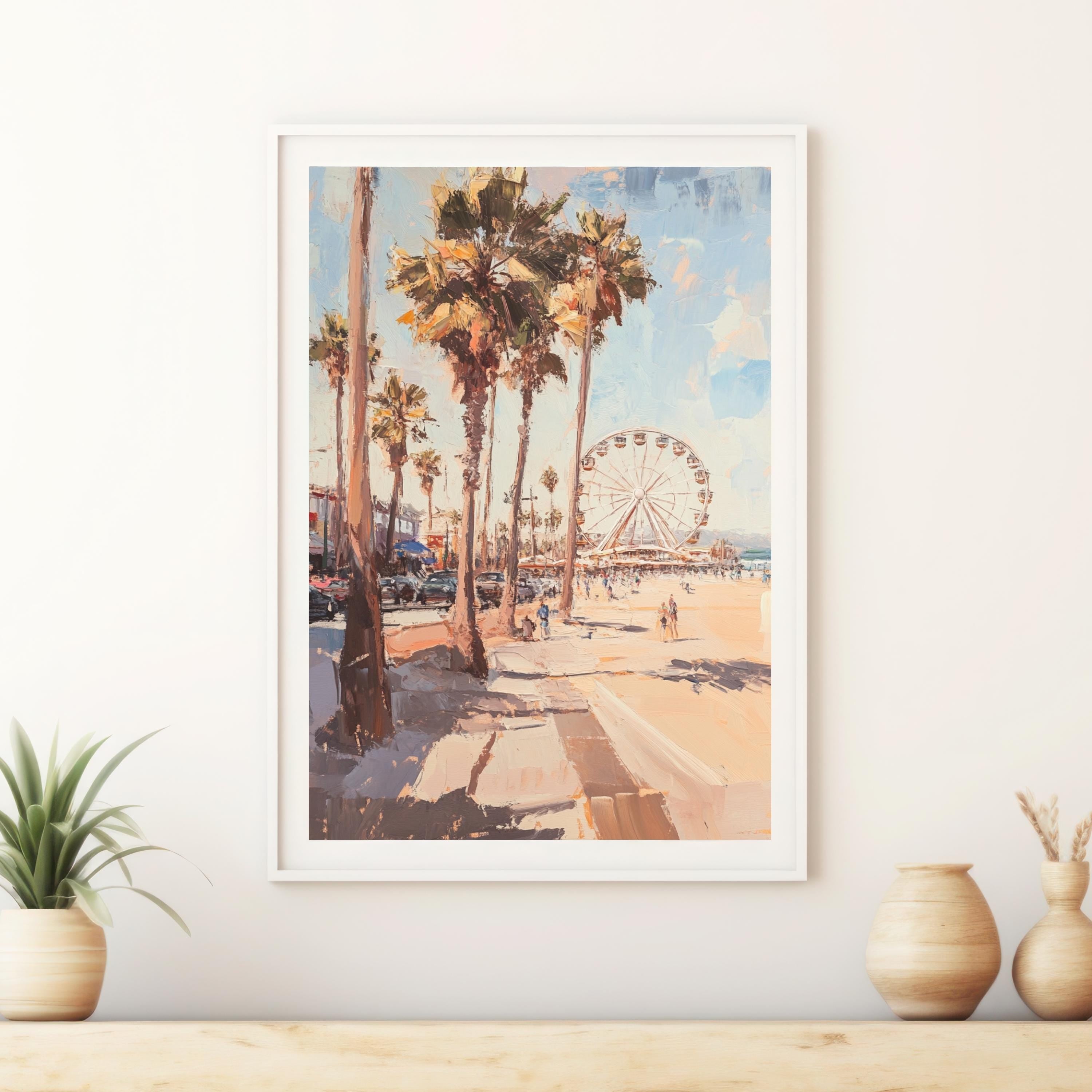 Santa Monica Stroll" – Vibrant Beach Scene with Ferris Wheel and Palm Trees