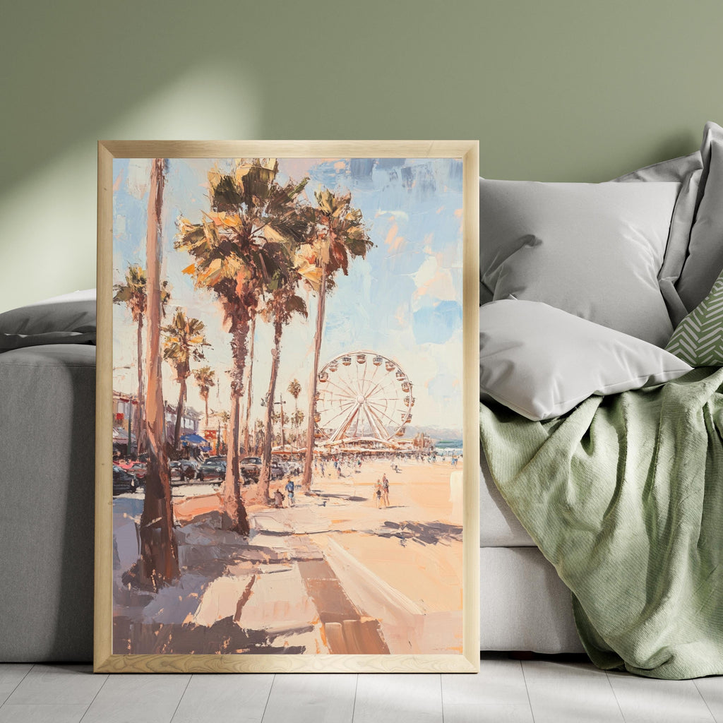 Santa Monica Stroll" – Vibrant Beach Scene with Ferris Wheel and Palm Trees