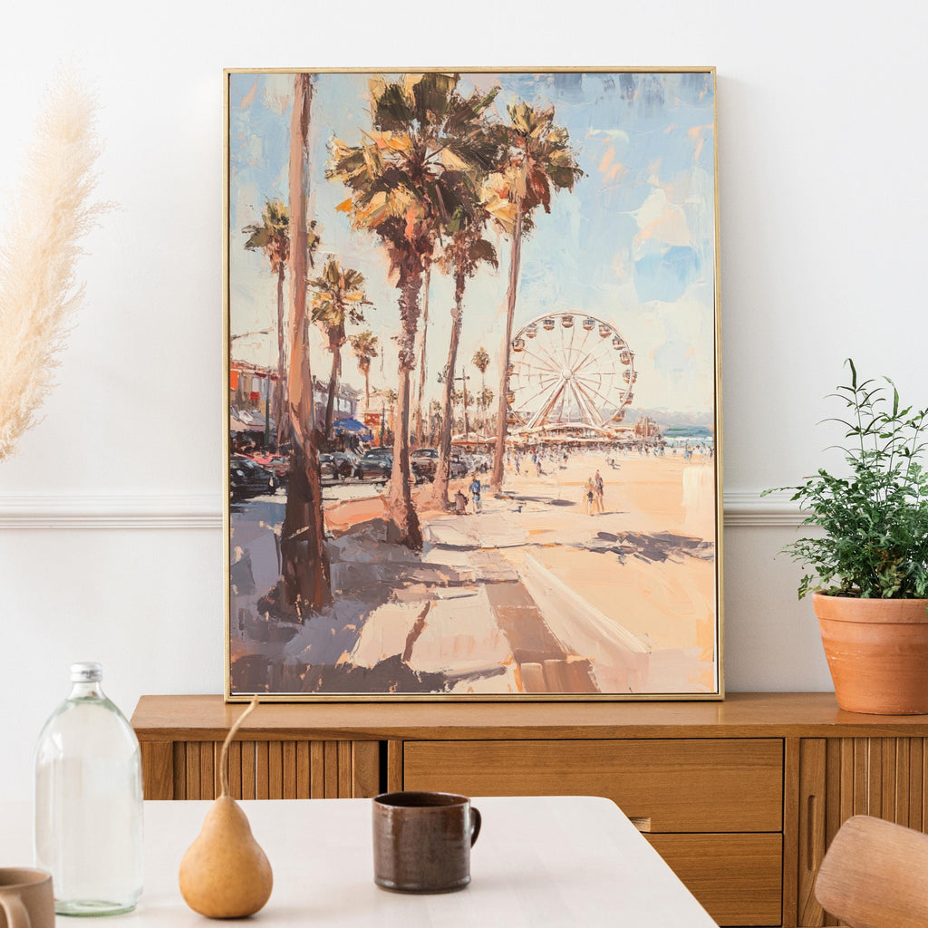 Santa Monica Stroll" – Vibrant Beach Scene with Ferris Wheel and Palm Trees