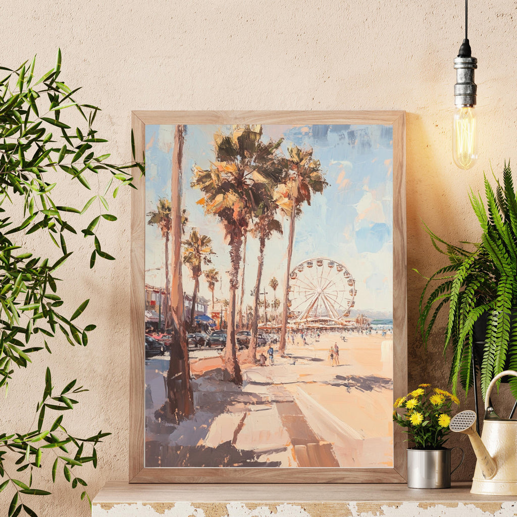 Santa Monica Stroll" – Vibrant Beach Scene with Ferris Wheel and Palm Trees
