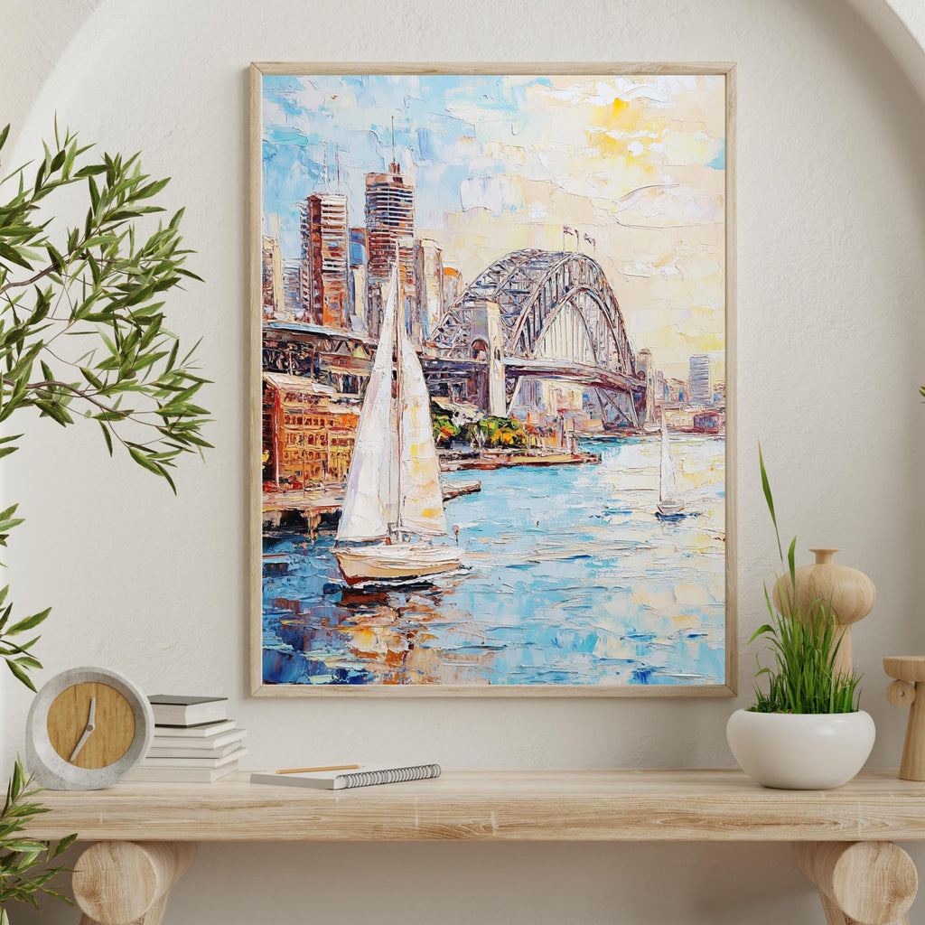 Sydney Harbour Bliss" – Vibrant Sailboats and Iconic Bridge in Bold Palette Knife Painting