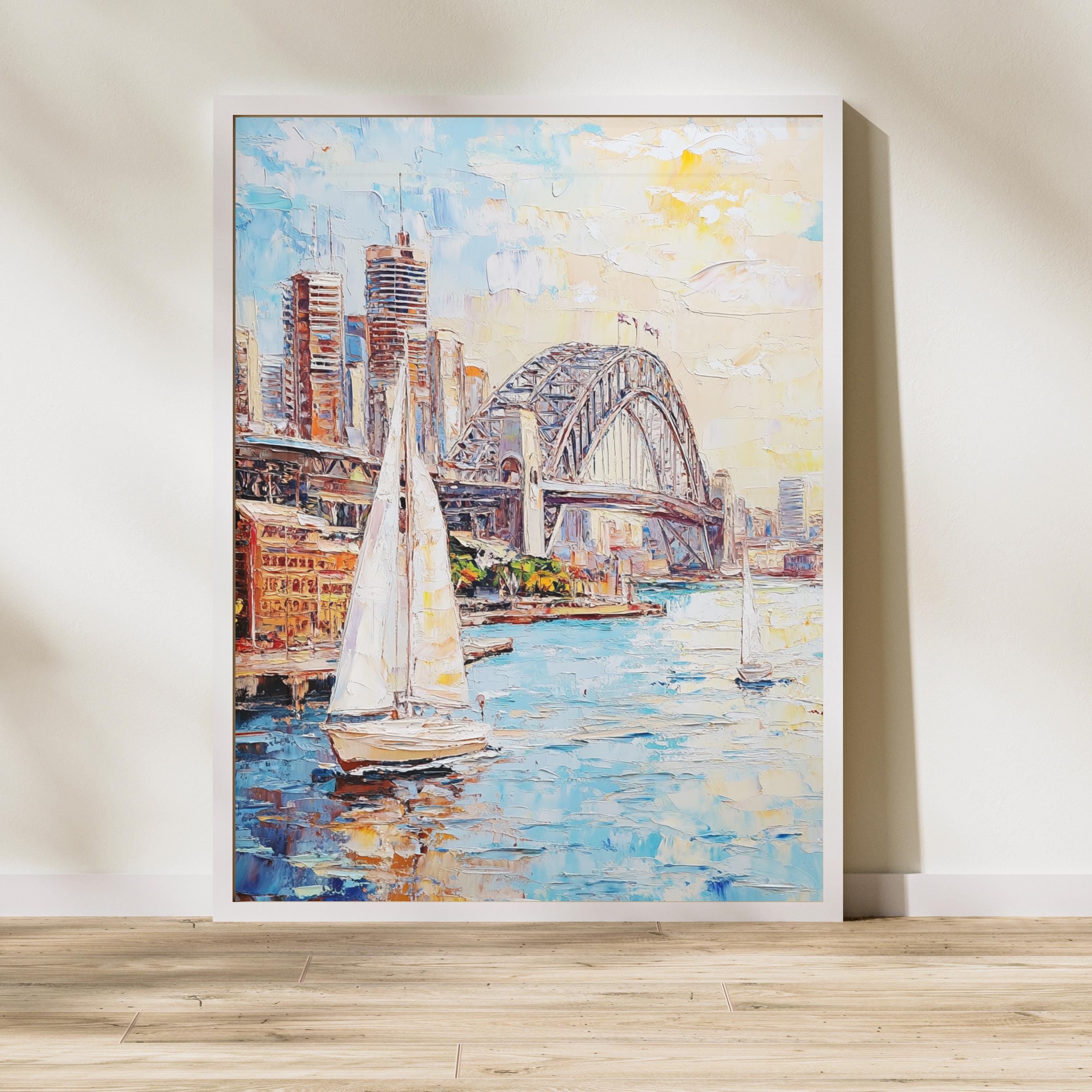 Sydney Harbour Bliss" – Vibrant Sailboats and Iconic Bridge in Bold Palette Knife Painting