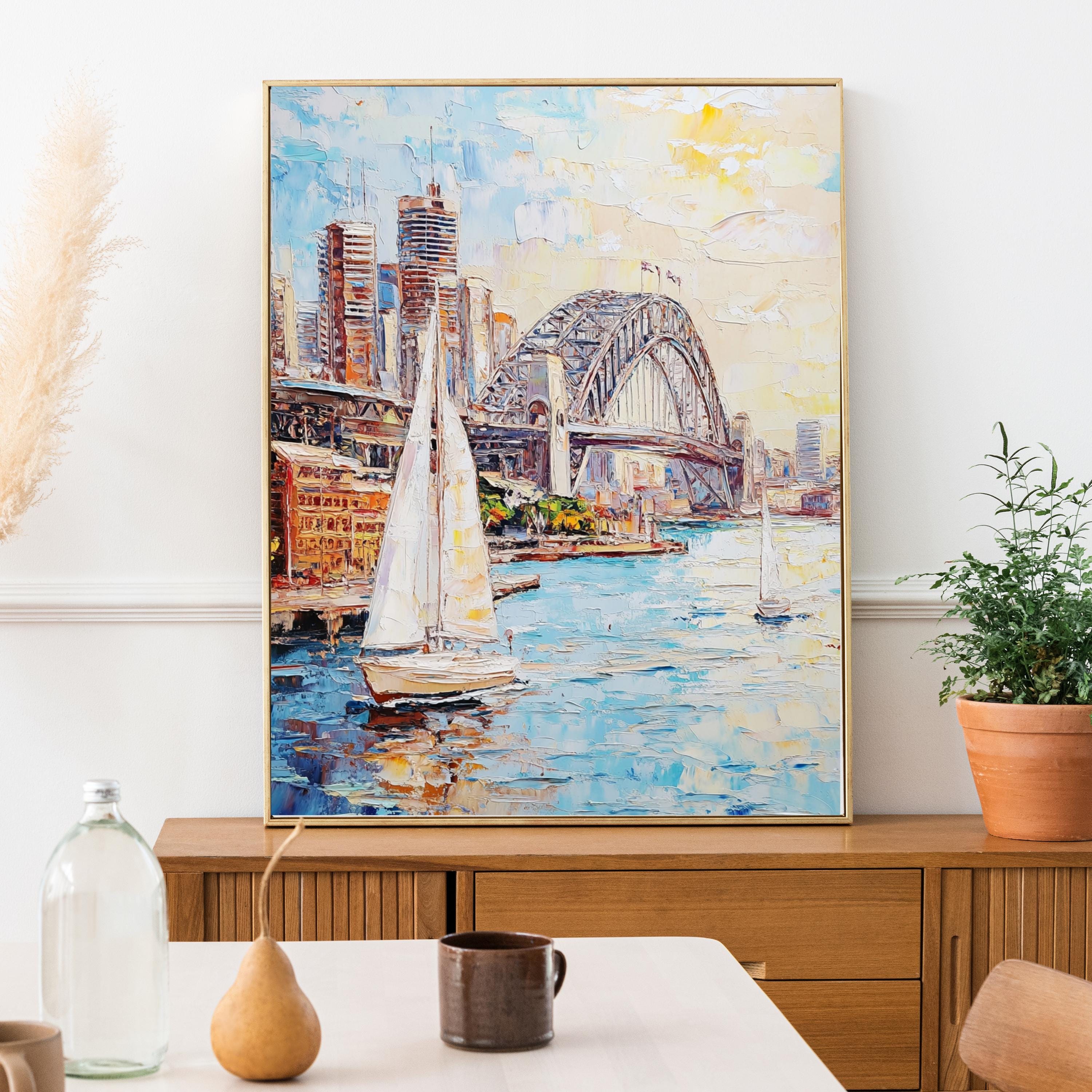 Sydney Harbour Bliss" – Vibrant Sailboats and Iconic Bridge in Bold Palette Knife Painting