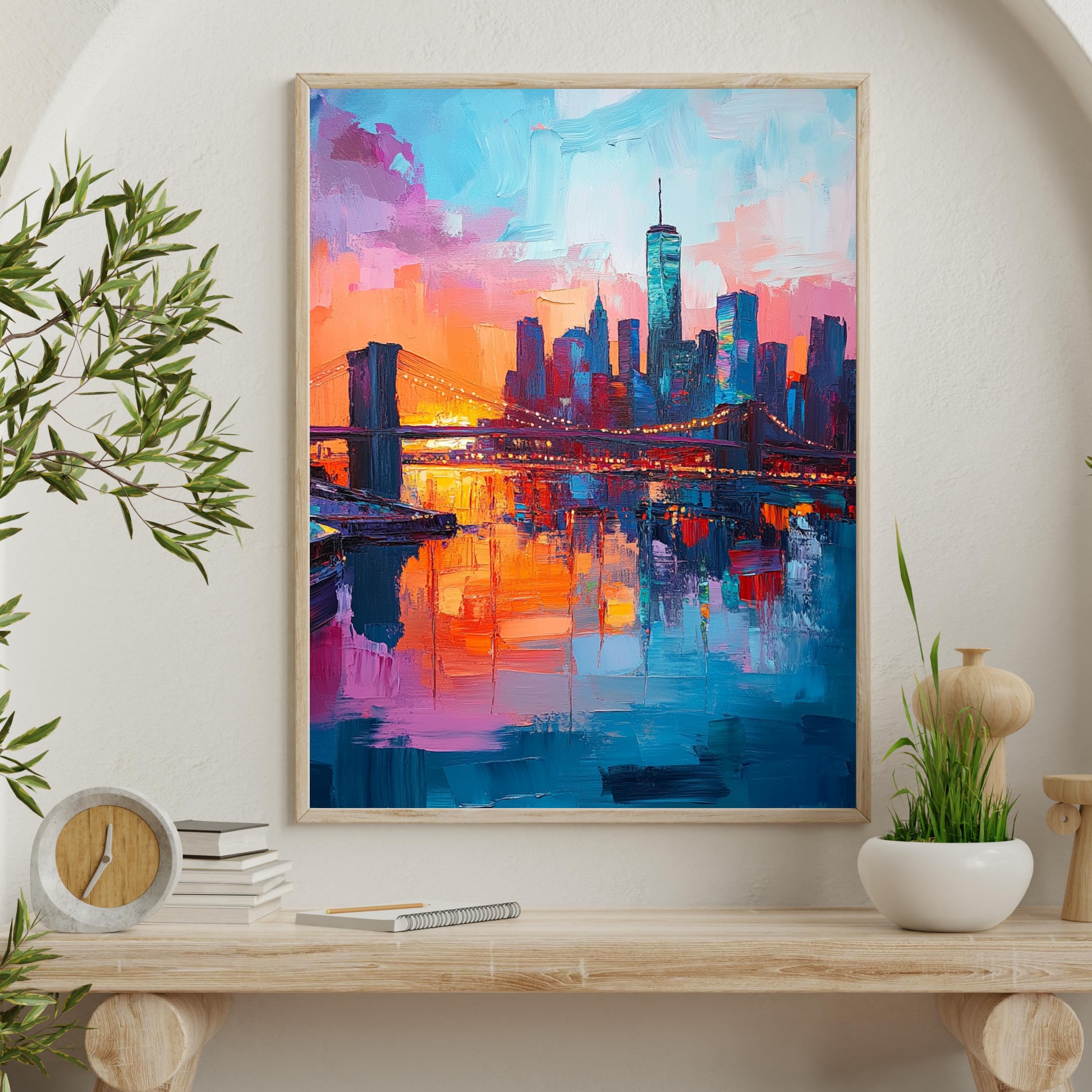 New York Nights" – Vibrant Skyline of NYC with Brooklyn Bridge at Sunset