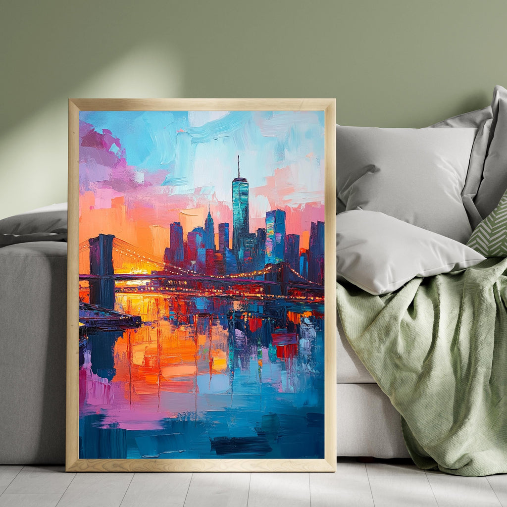 New York Nights" – Vibrant Skyline of NYC with Brooklyn Bridge at Sunset