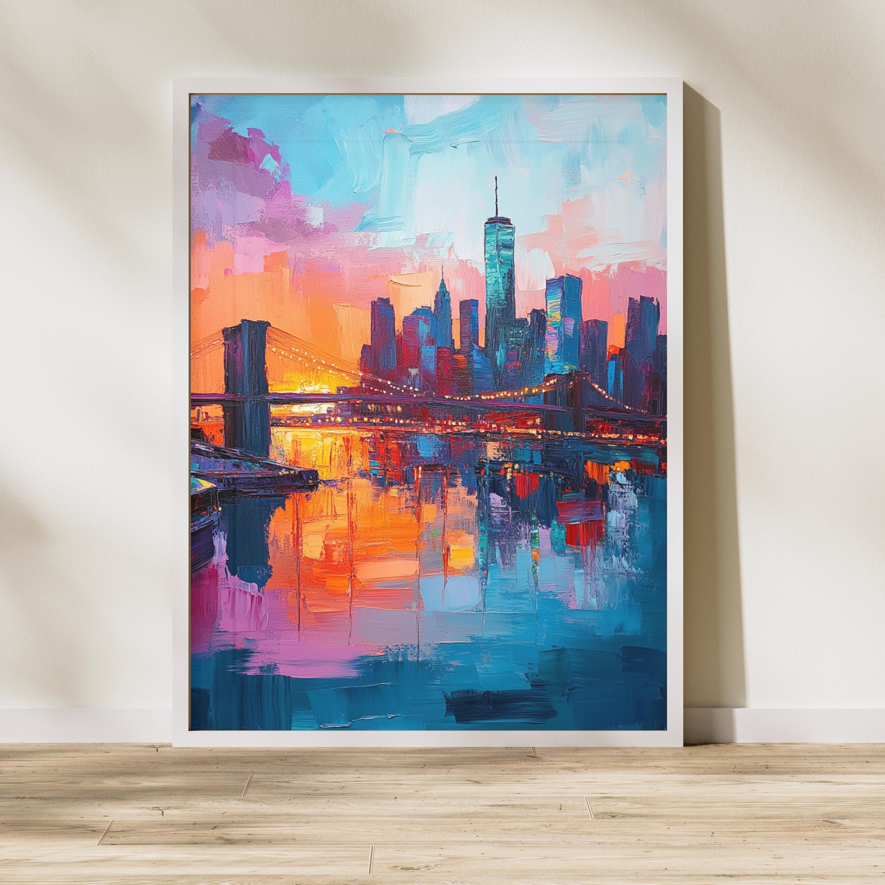 New York Nights" – Vibrant Skyline of NYC with Brooklyn Bridge at Sunset