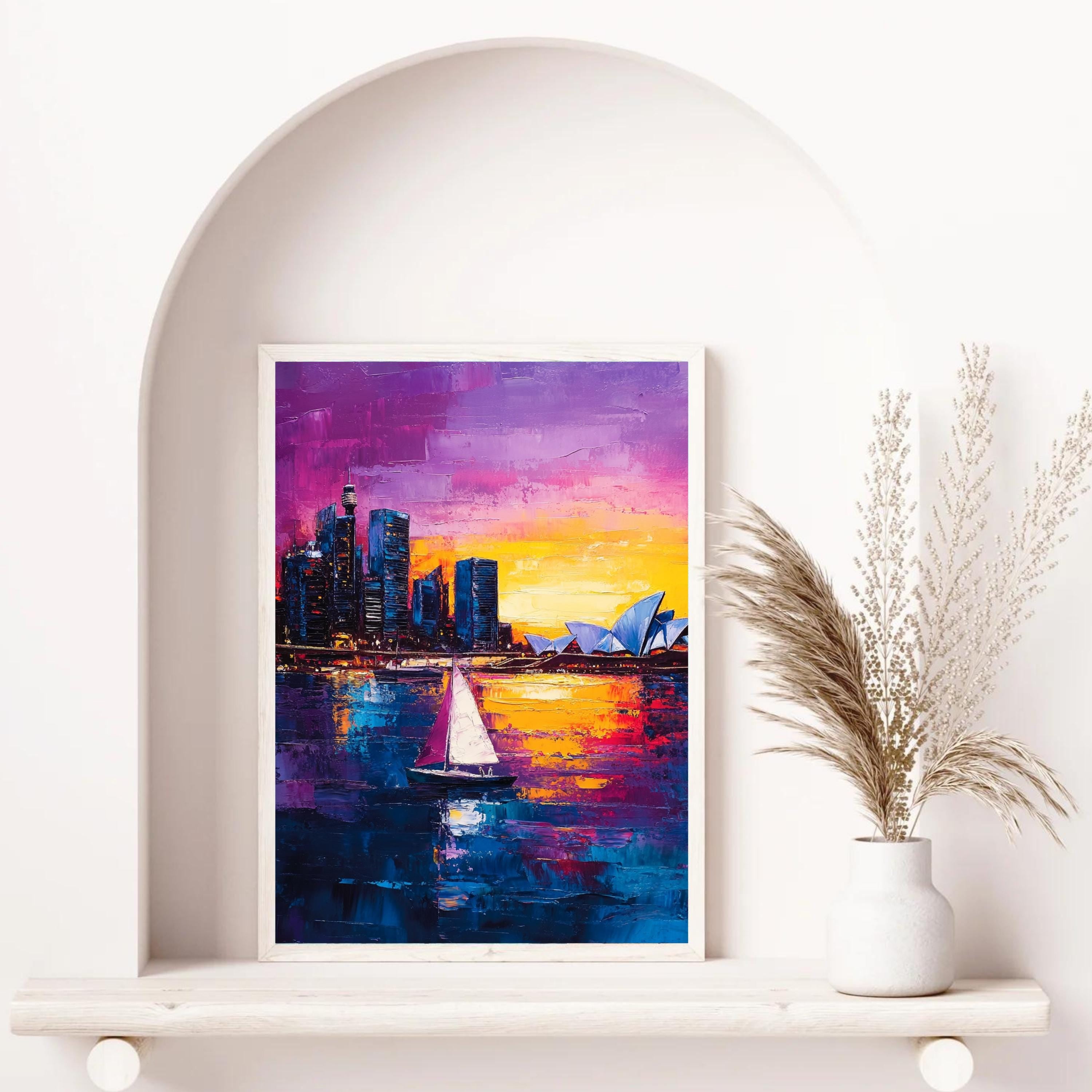 Sydney Sunset" – Vibrant Skyline of Sydney Harbour with Opera House and Sailboats