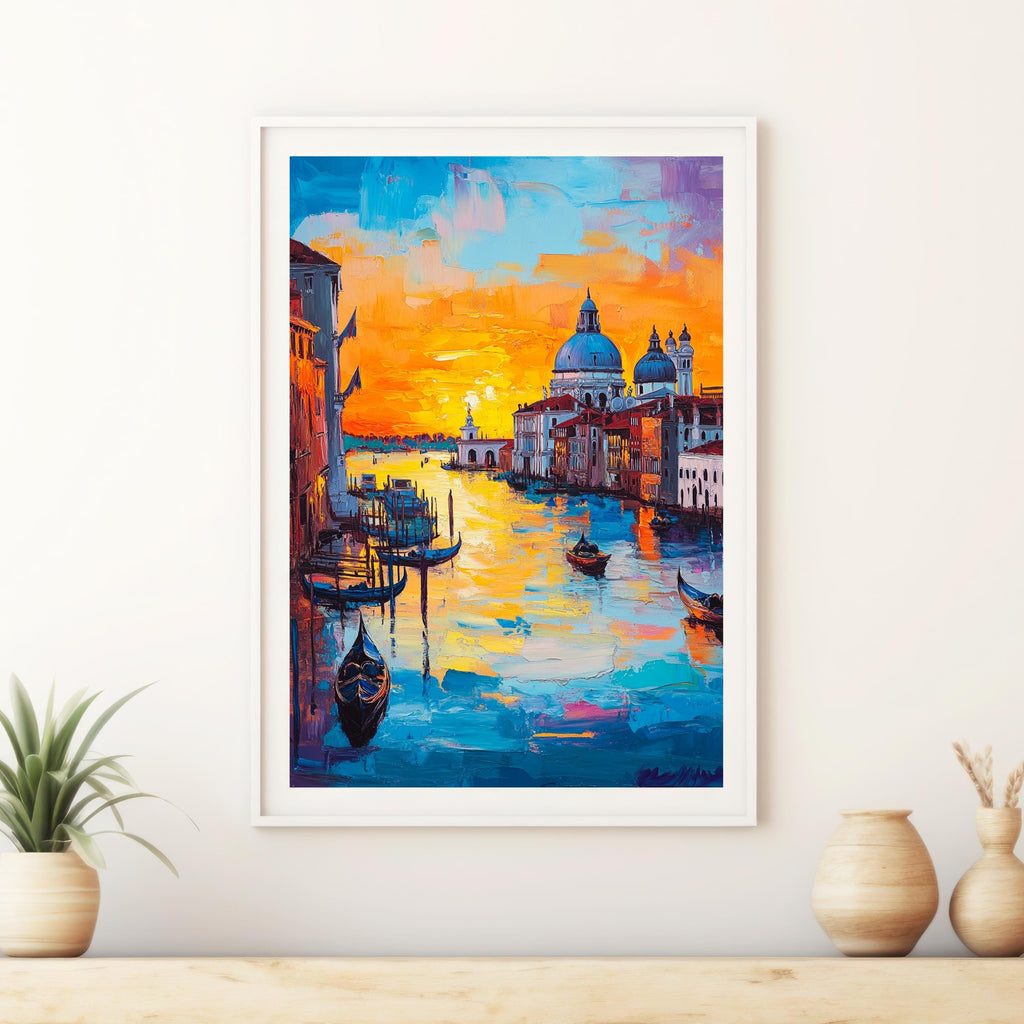 Venetian Sunset" – Vibrant Painting of Venice Canals and Gondolas at Dusk